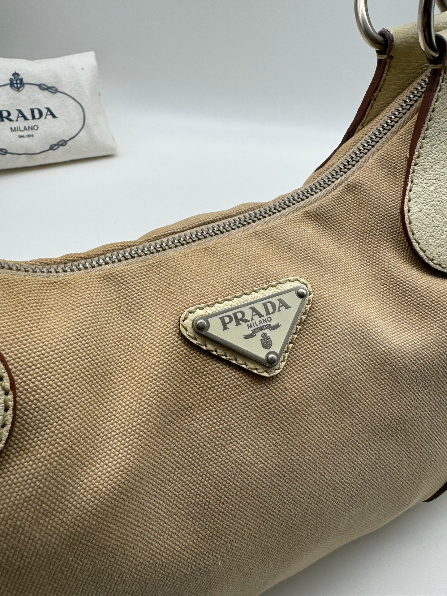 Authentic Prada Beige Canvas & Leather Bowling Handbag