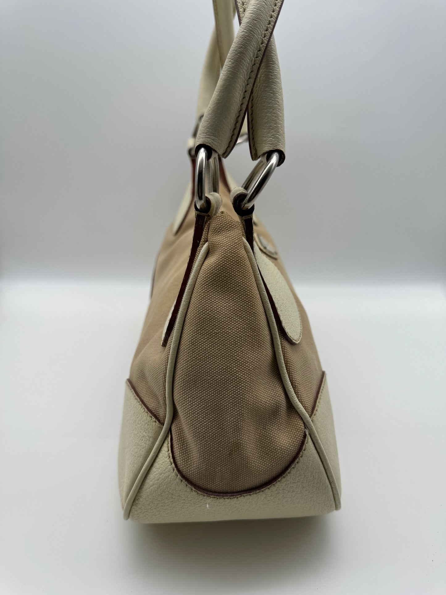 Authentic Prada Beige Canvas & Leather Bowling Handbag