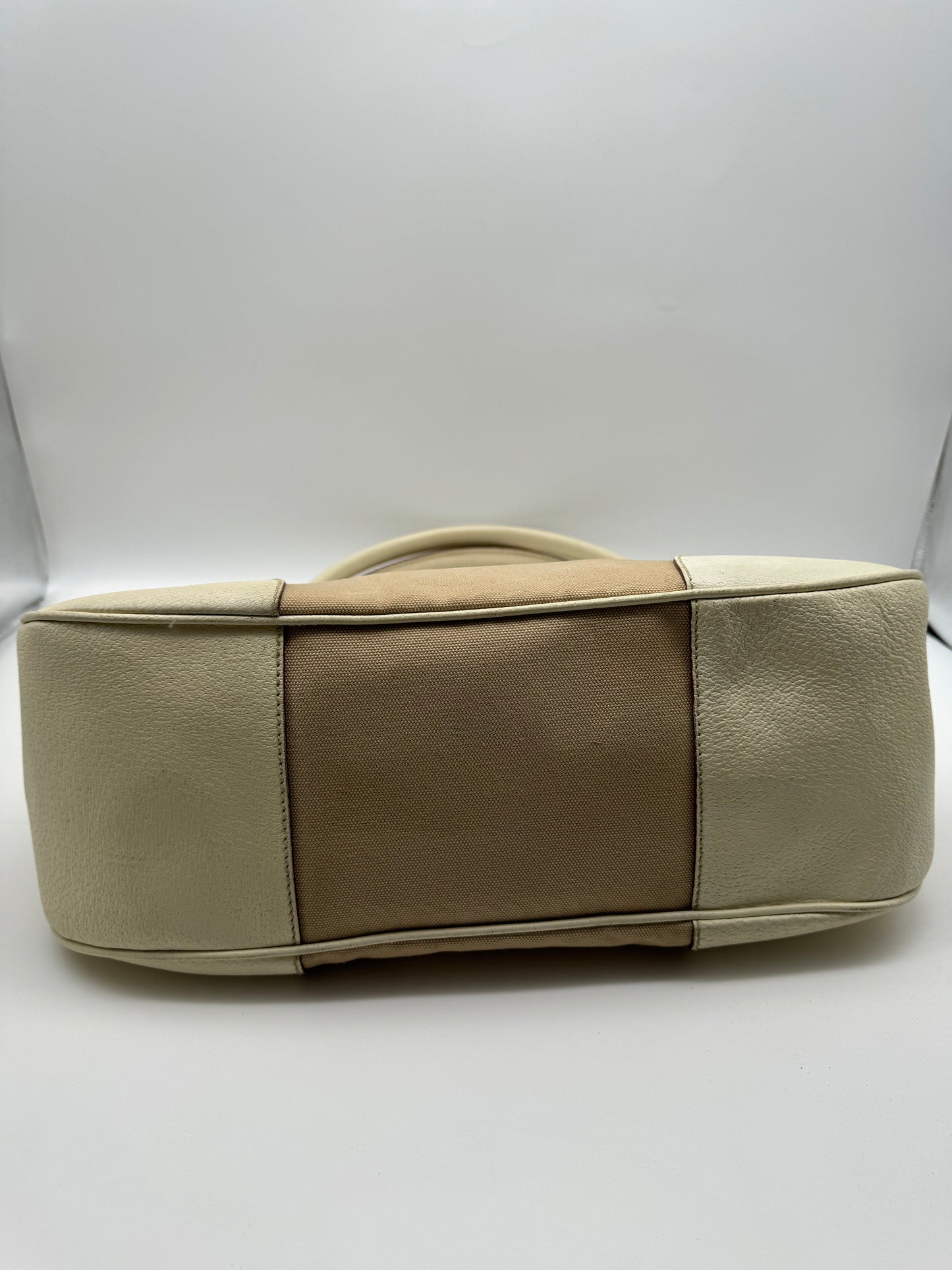 Authentic Prada Beige Canvas & Leather Bowling Handbag