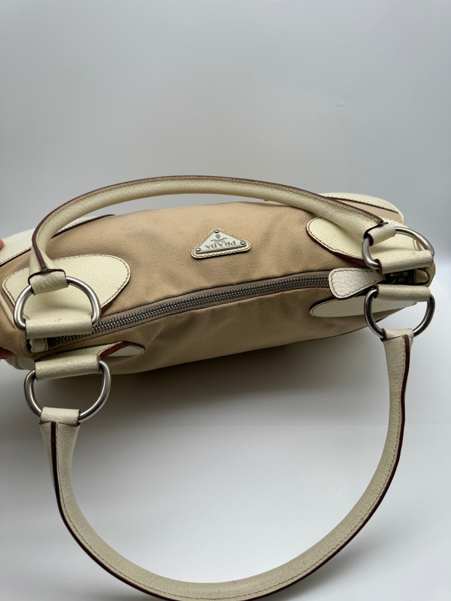 Authentic Prada Beige Canvas & Leather Bowling Handbag