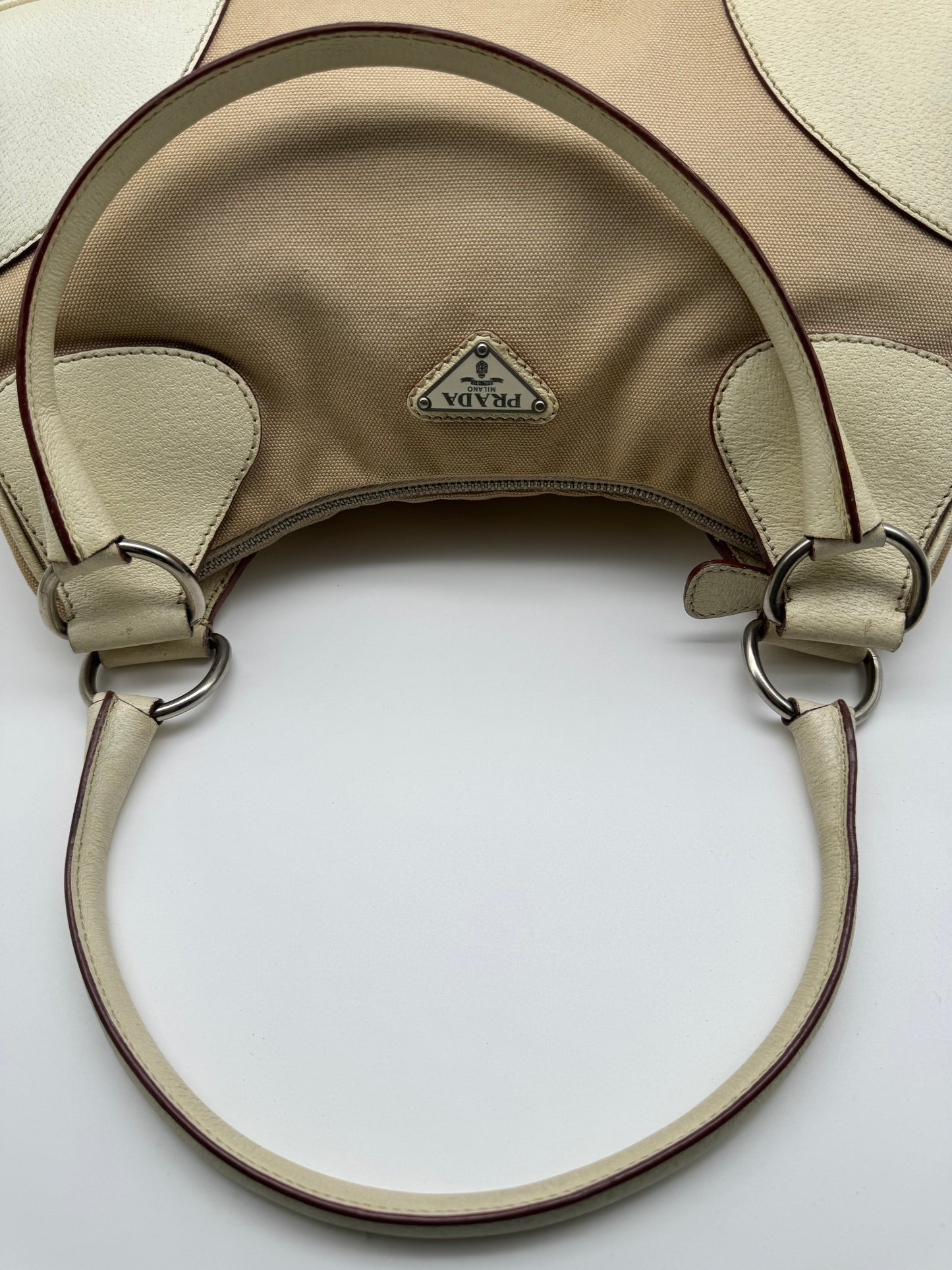 Authentic Prada Beige Canvas & Leather Bowling Handbag