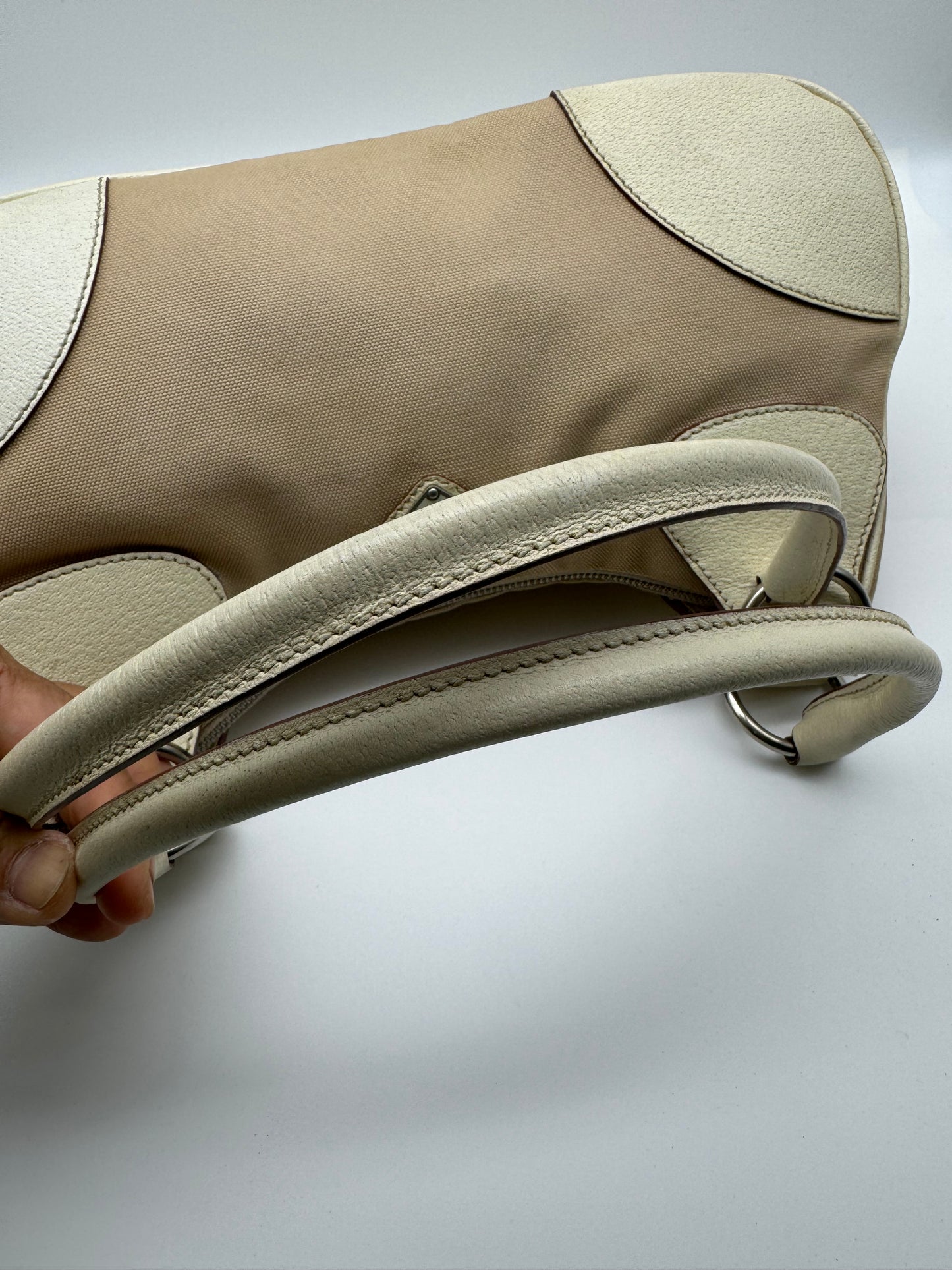 Authentic Prada Beige Canvas & Leather Bowling Handbag