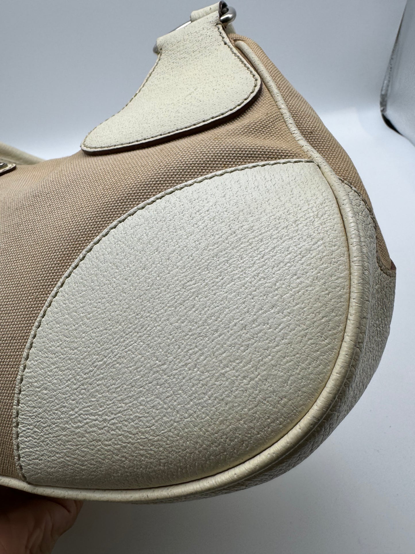 Authentic Prada Beige Canvas & Leather Bowling Handbag