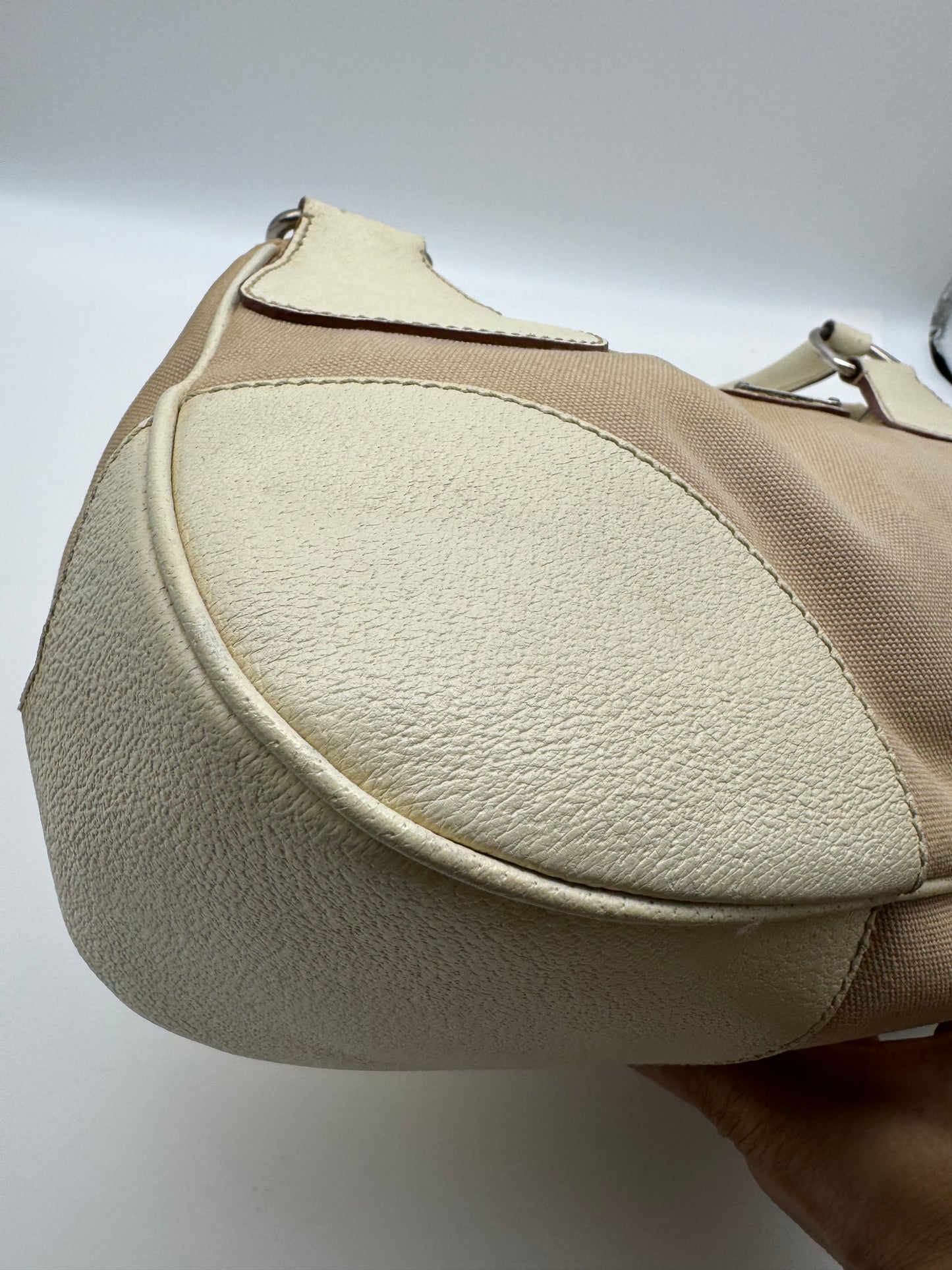 Authentic Prada Beige Canvas & Leather Bowling Handbag