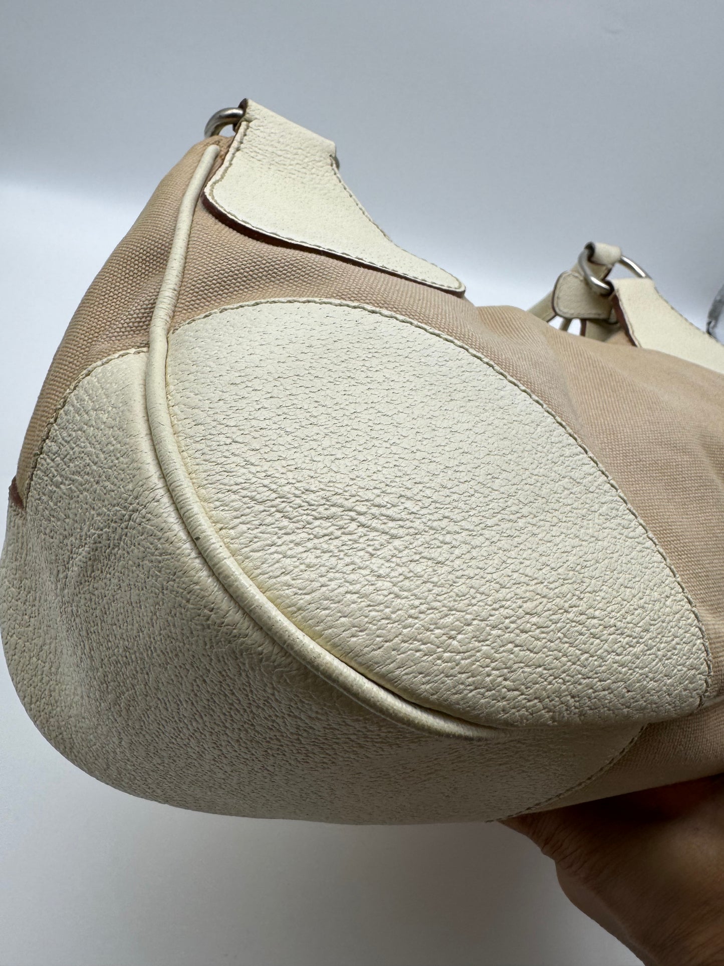 Authentic Prada Beige Canvas & Leather Bowling Handbag