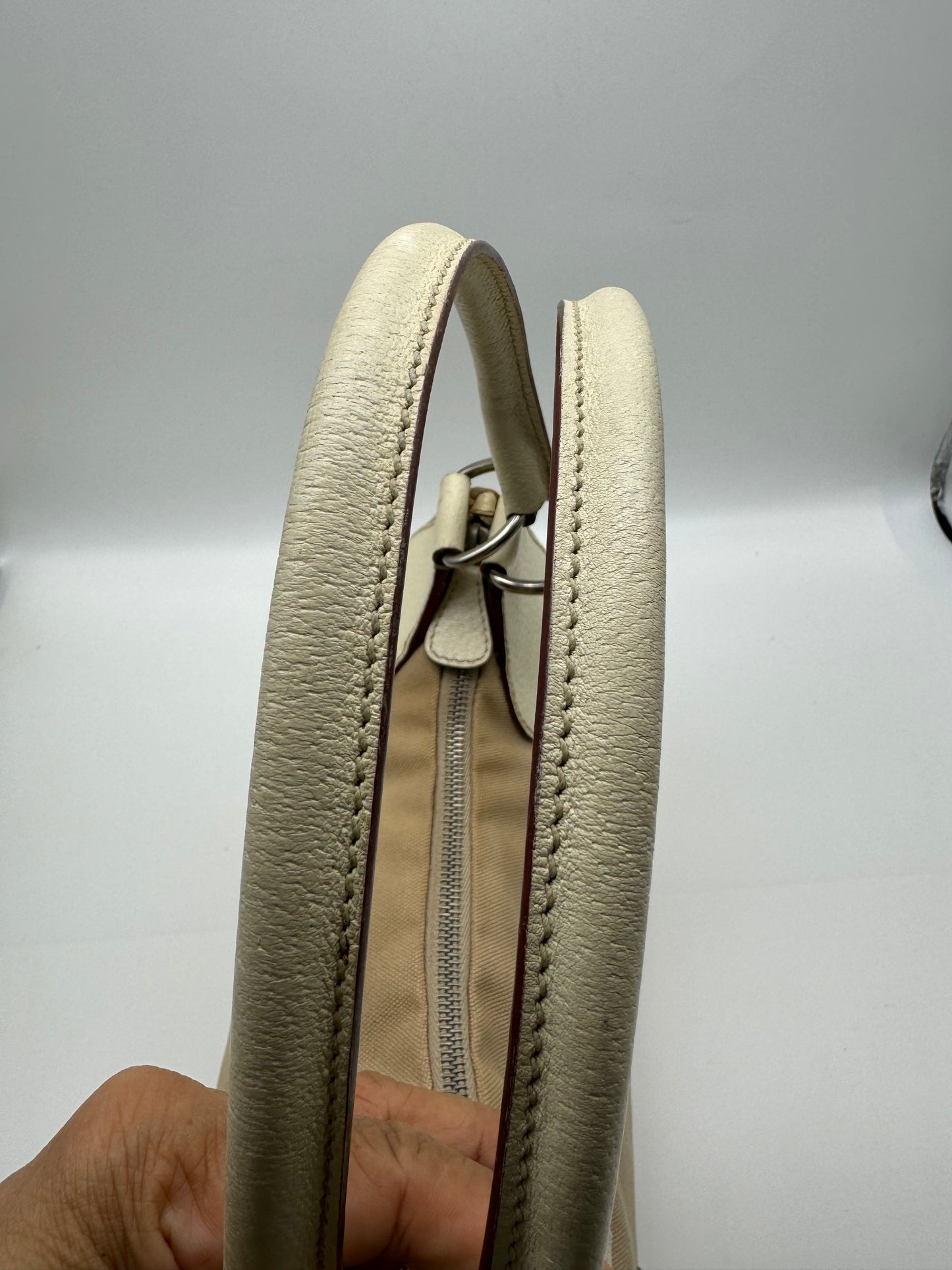 Authentic Prada Beige Canvas & Leather Bowling Handbag