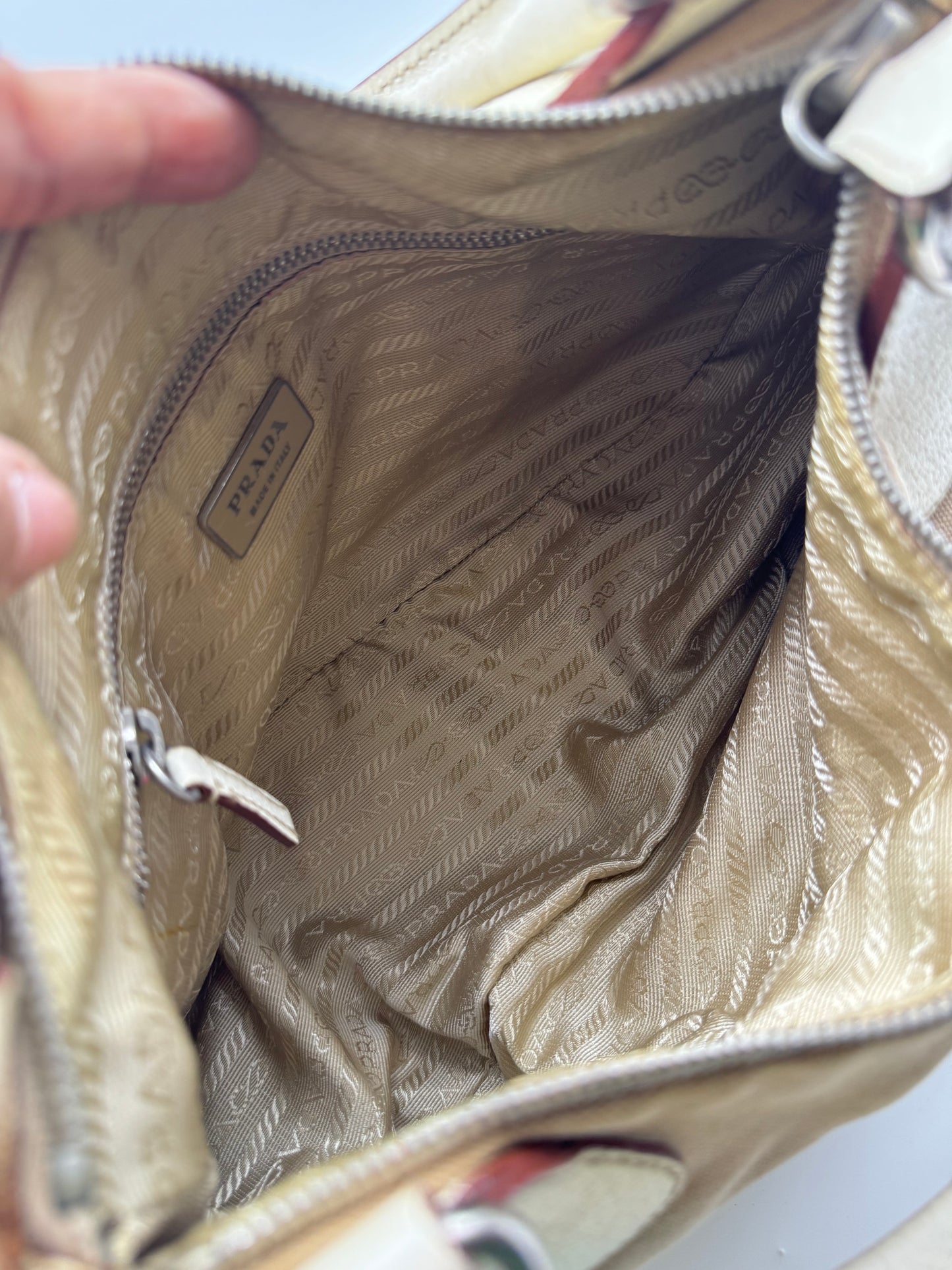 Authentic Prada Beige Canvas & Leather Bowling Handbag