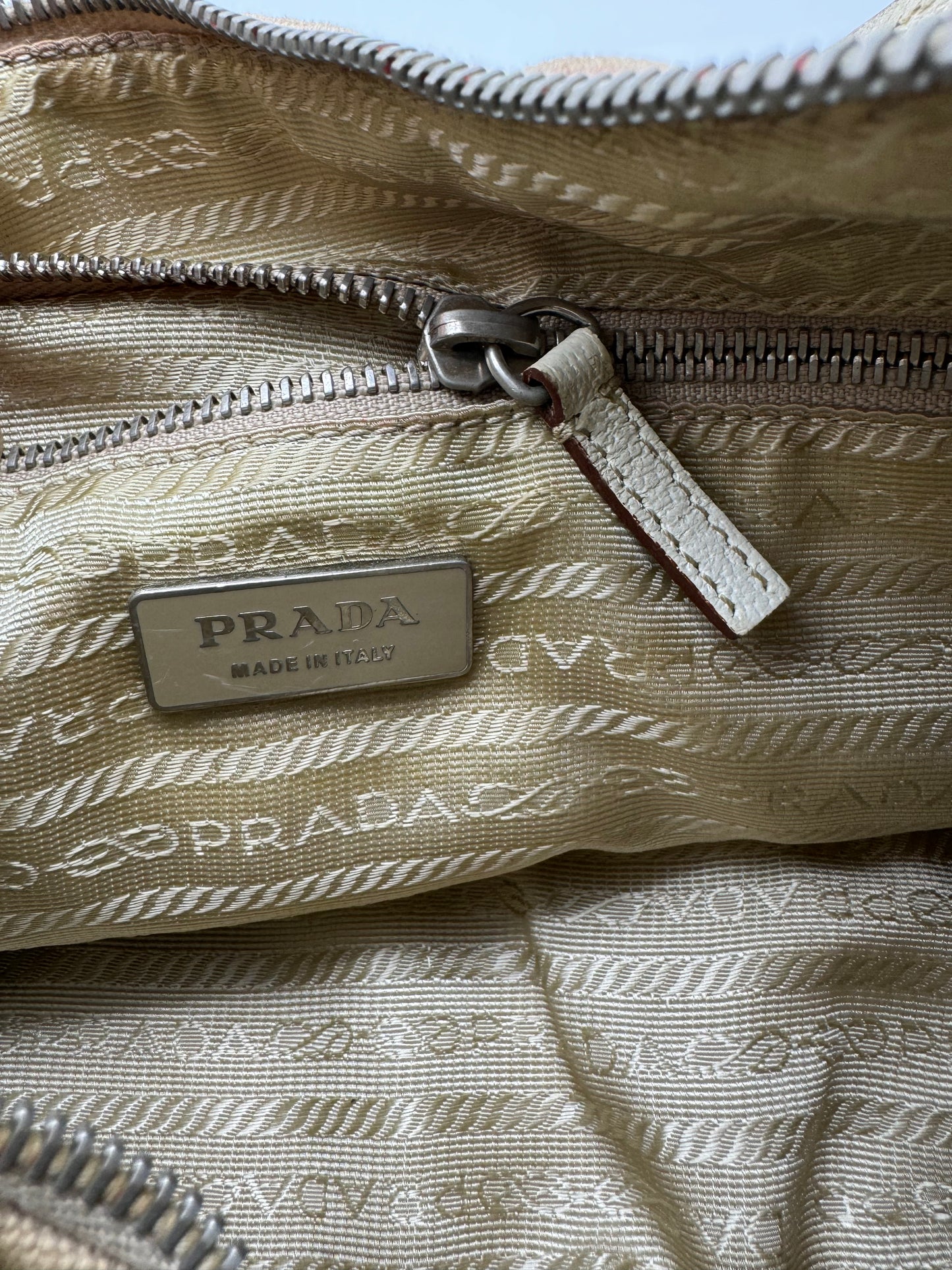 Authentic Prada Beige Canvas & Leather Bowling Handbag