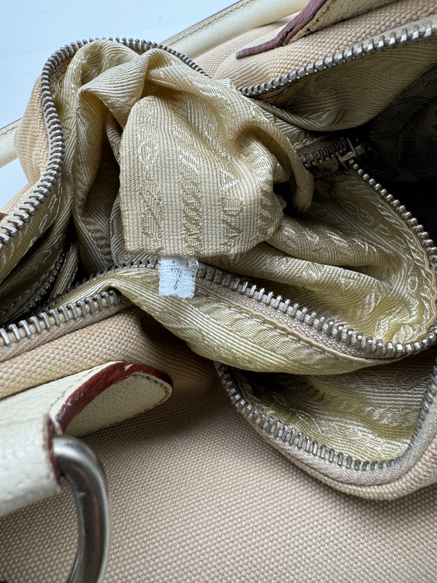 Authentic Prada Beige Canvas & Leather Bowling Handbag