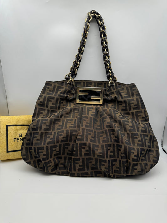 Authentic Fendi Mia Brown FF Zucca Large Tote Handbag