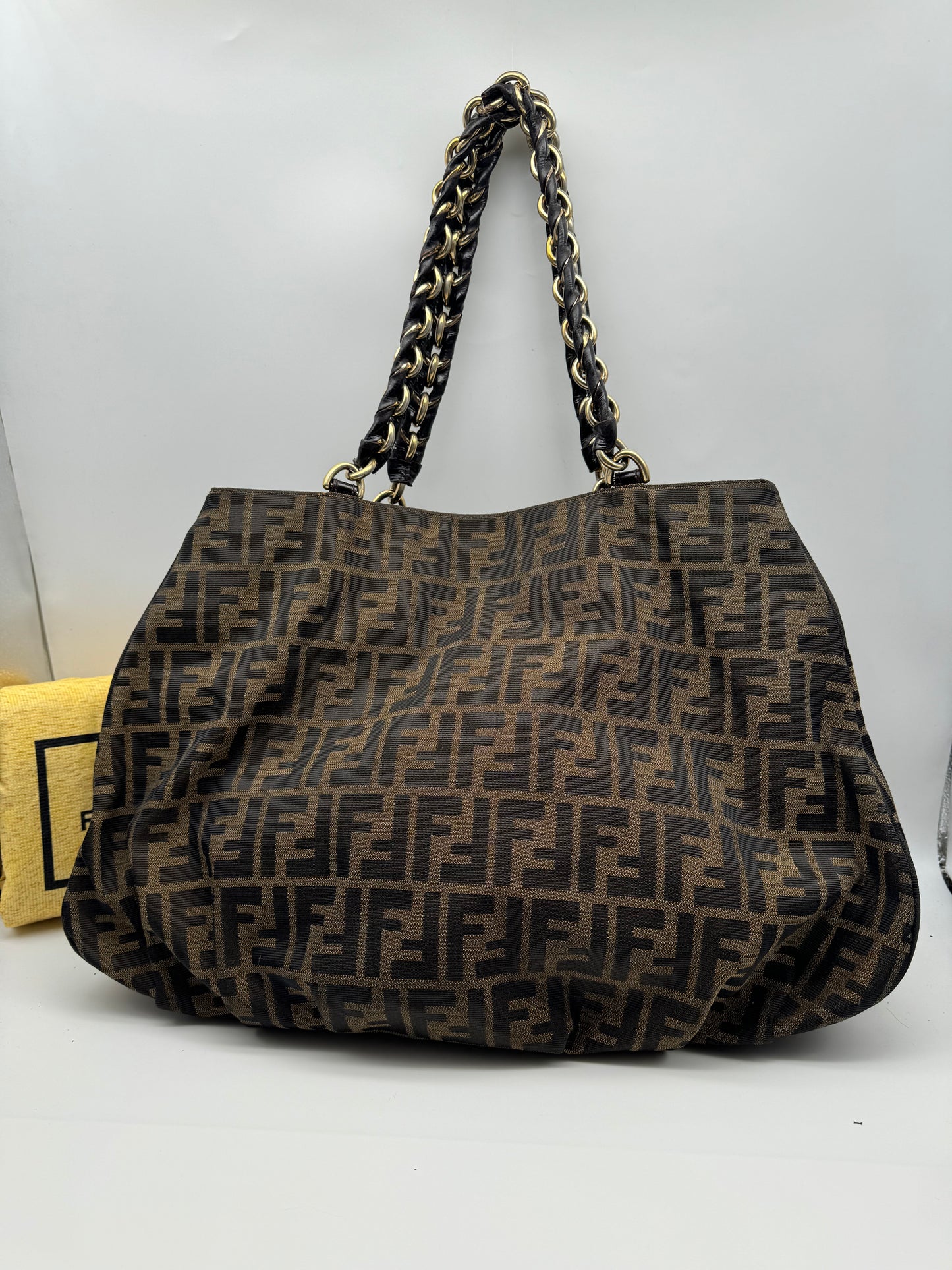 Authentic Fendi Mia Brown FF Zucca Large Tote Handbag