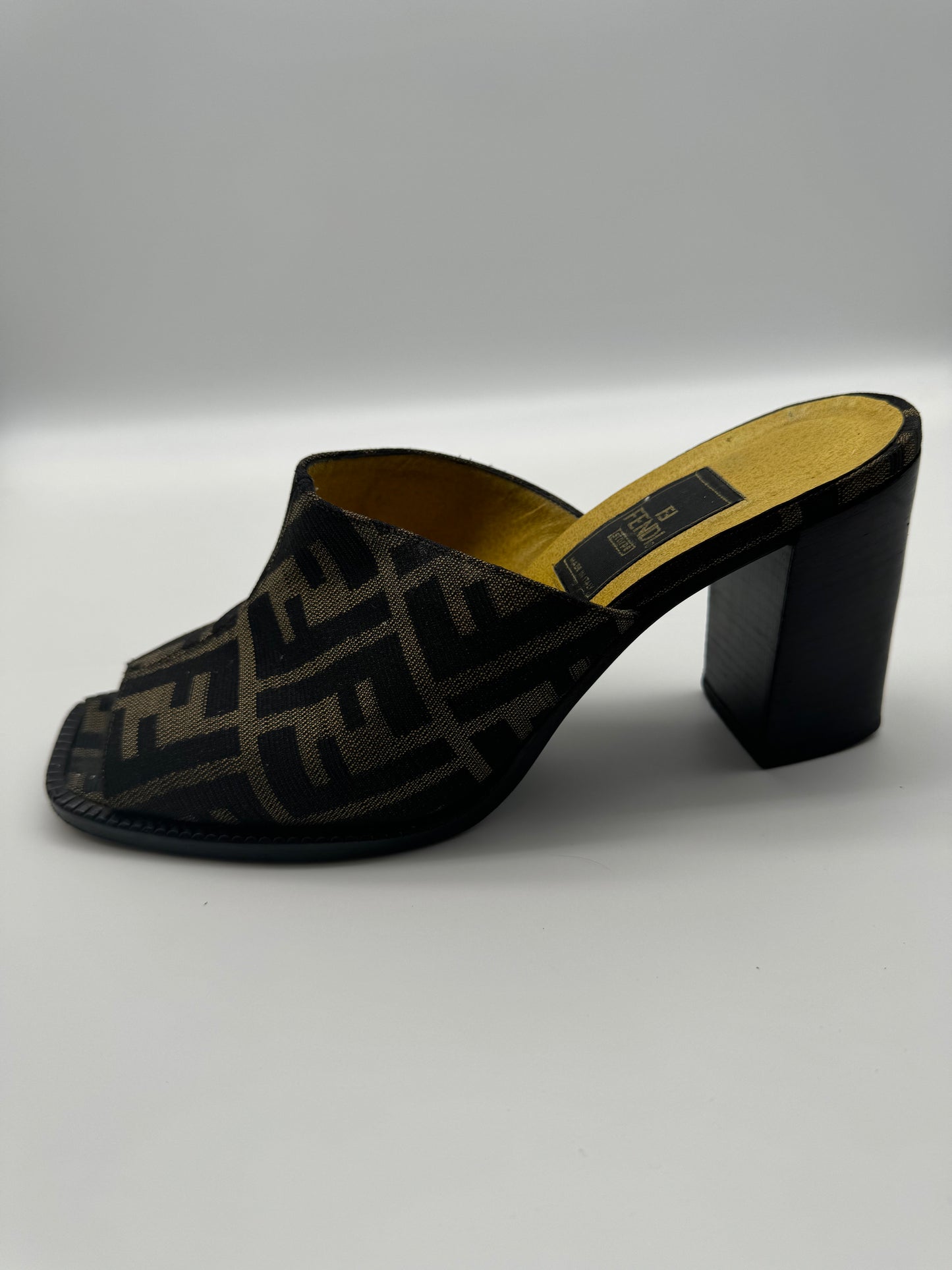 Authentic Fendi Sandals FF Zucca Canvas Block Heel Shoes 38.5
