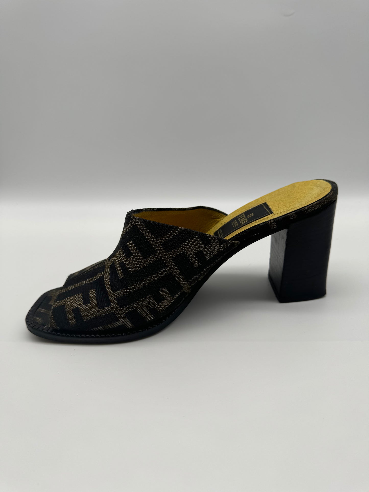 Authentic Fendi Sandals FF Zucca Canvas Block Heel Shoes 38.5