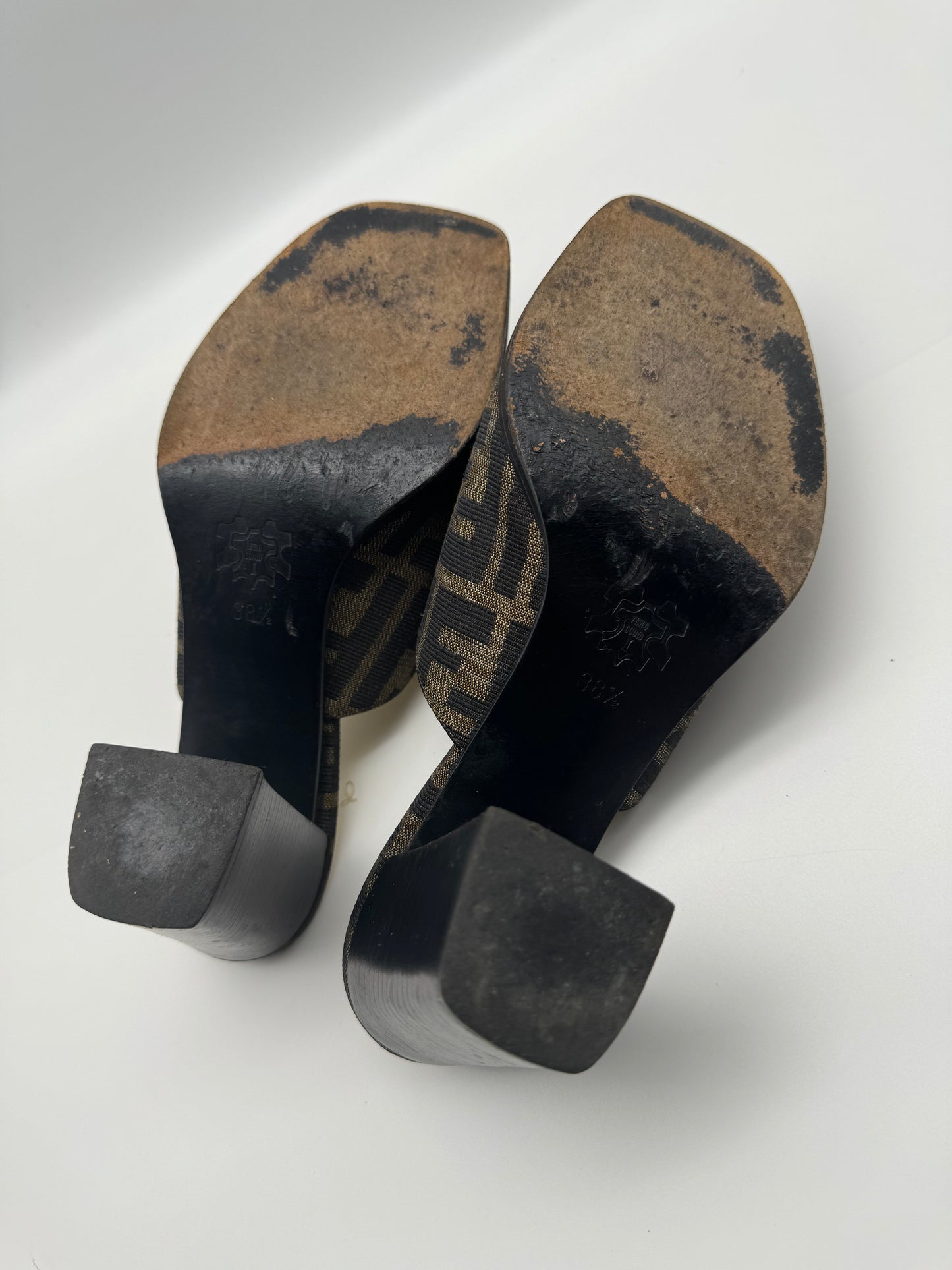Authentic Fendi Sandals FF Zucca Canvas Block Heel Shoes 38.5