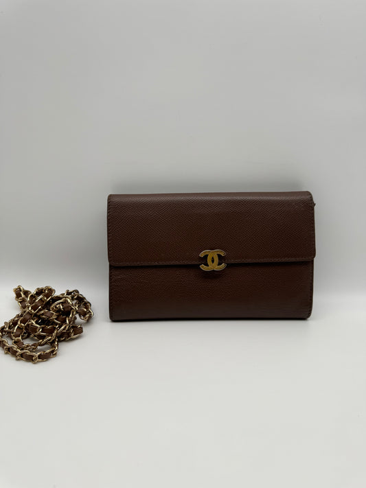 Authentic CHANEL Brown Leather Large Wallet Added Strap Shoulder Crossbody Bag