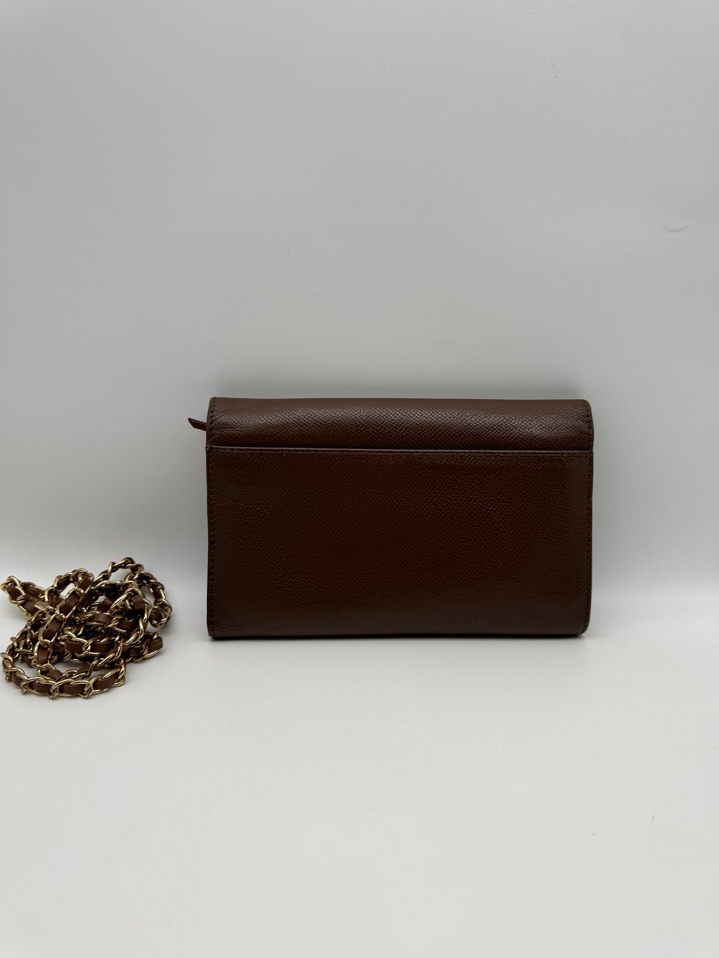 Authentic CHANEL Brown Leather Large Wallet Added Strap Shoulder Crossbody Bag