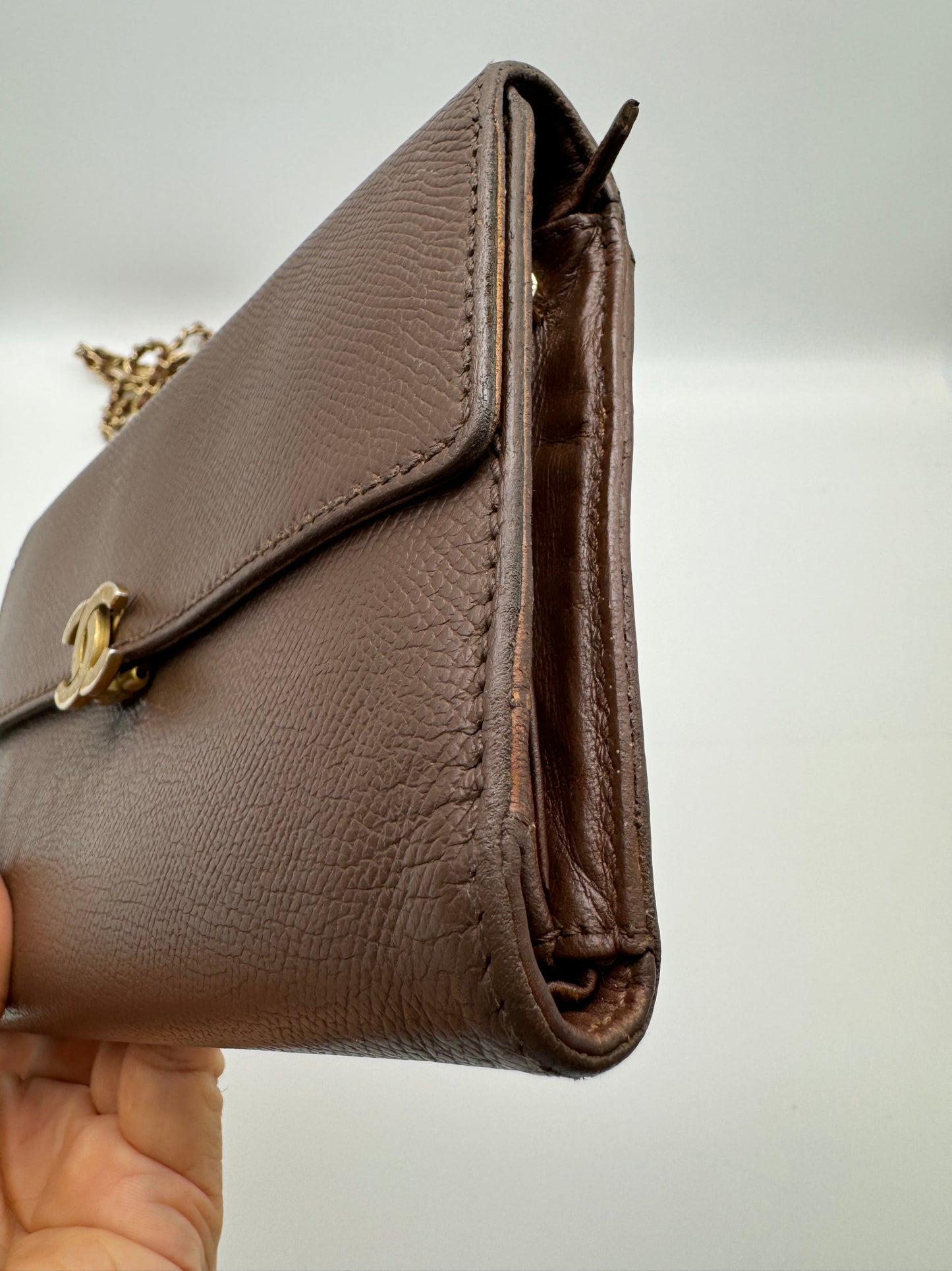Authentic CHANEL Brown Leather Large Wallet Added Strap Shoulder Crossbody Bag