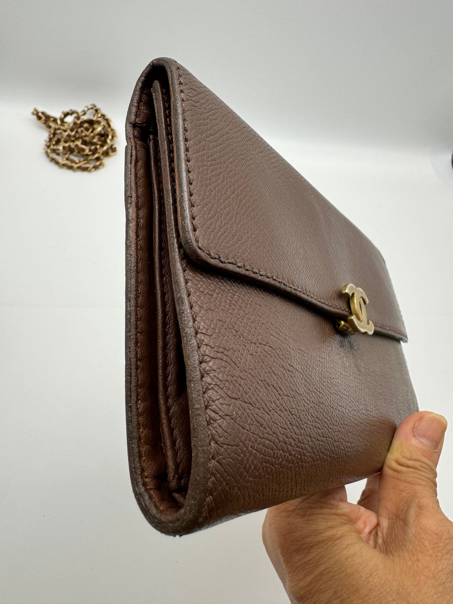 Authentic CHANEL Brown Leather Large Wallet Added Strap Shoulder Crossbody Bag