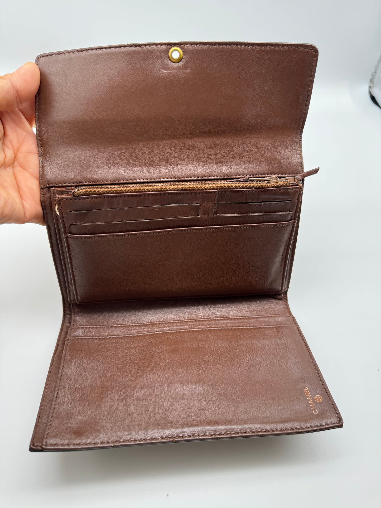 Authentic CHANEL Brown Leather Large Wallet Added Strap Shoulder Crossbody Bag