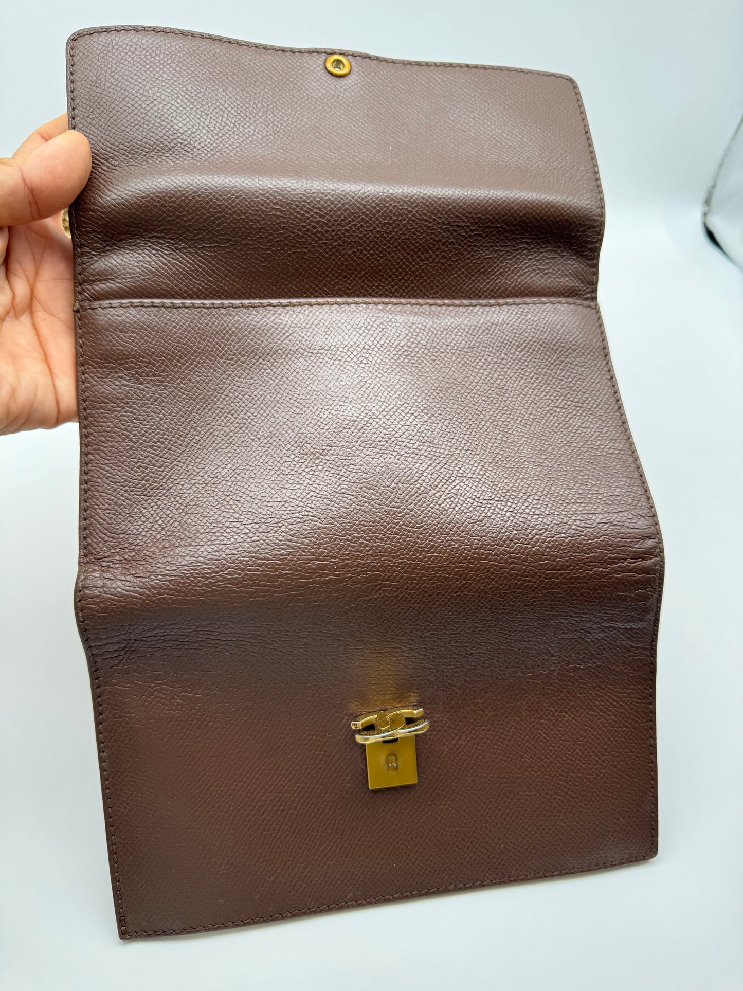 Authentic CHANEL Brown Leather Large Wallet Added Strap Shoulder Crossbody Bag