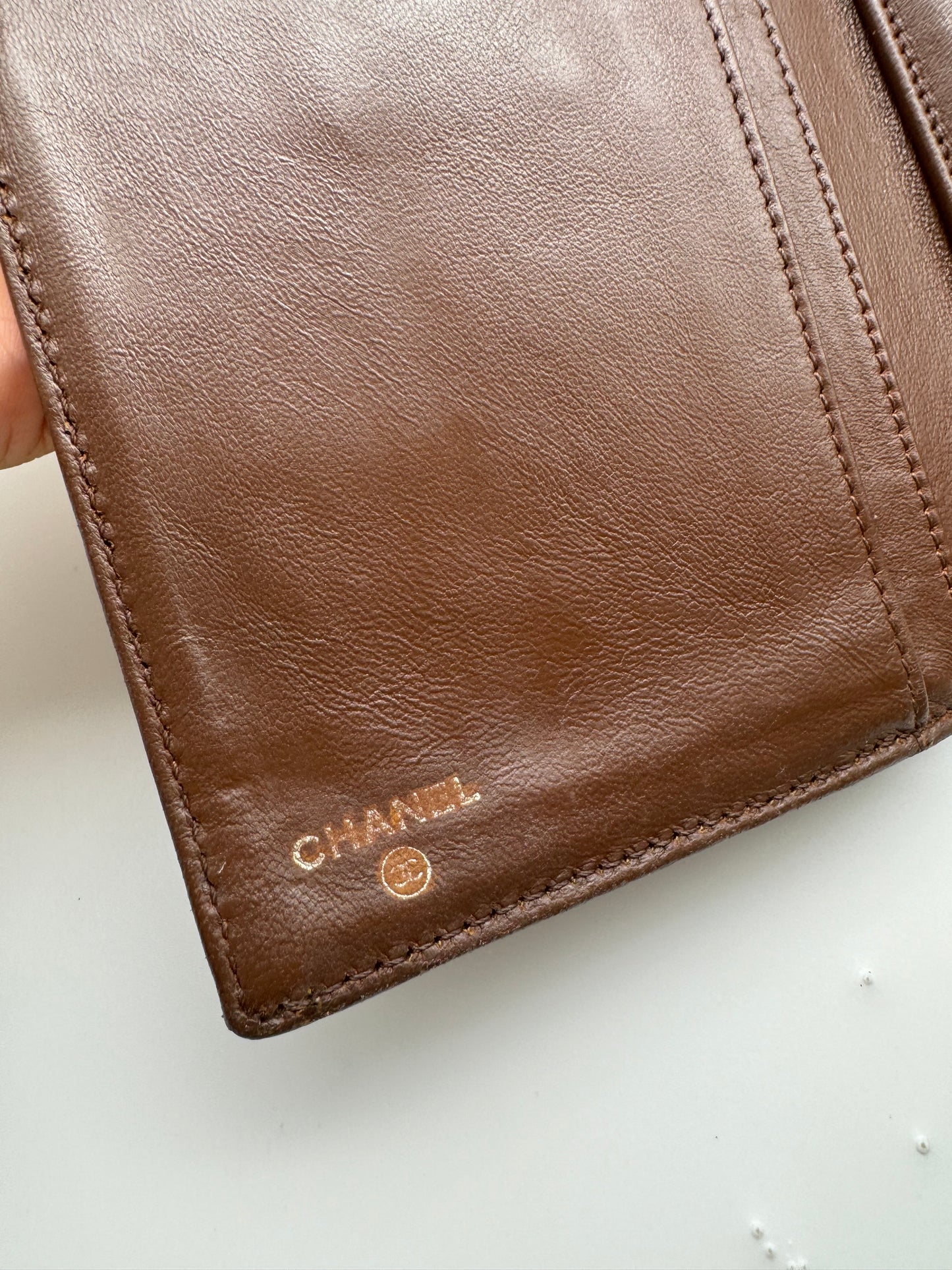 Authentic CHANEL Brown Leather Large Wallet Added Strap Shoulder Crossbody Bag