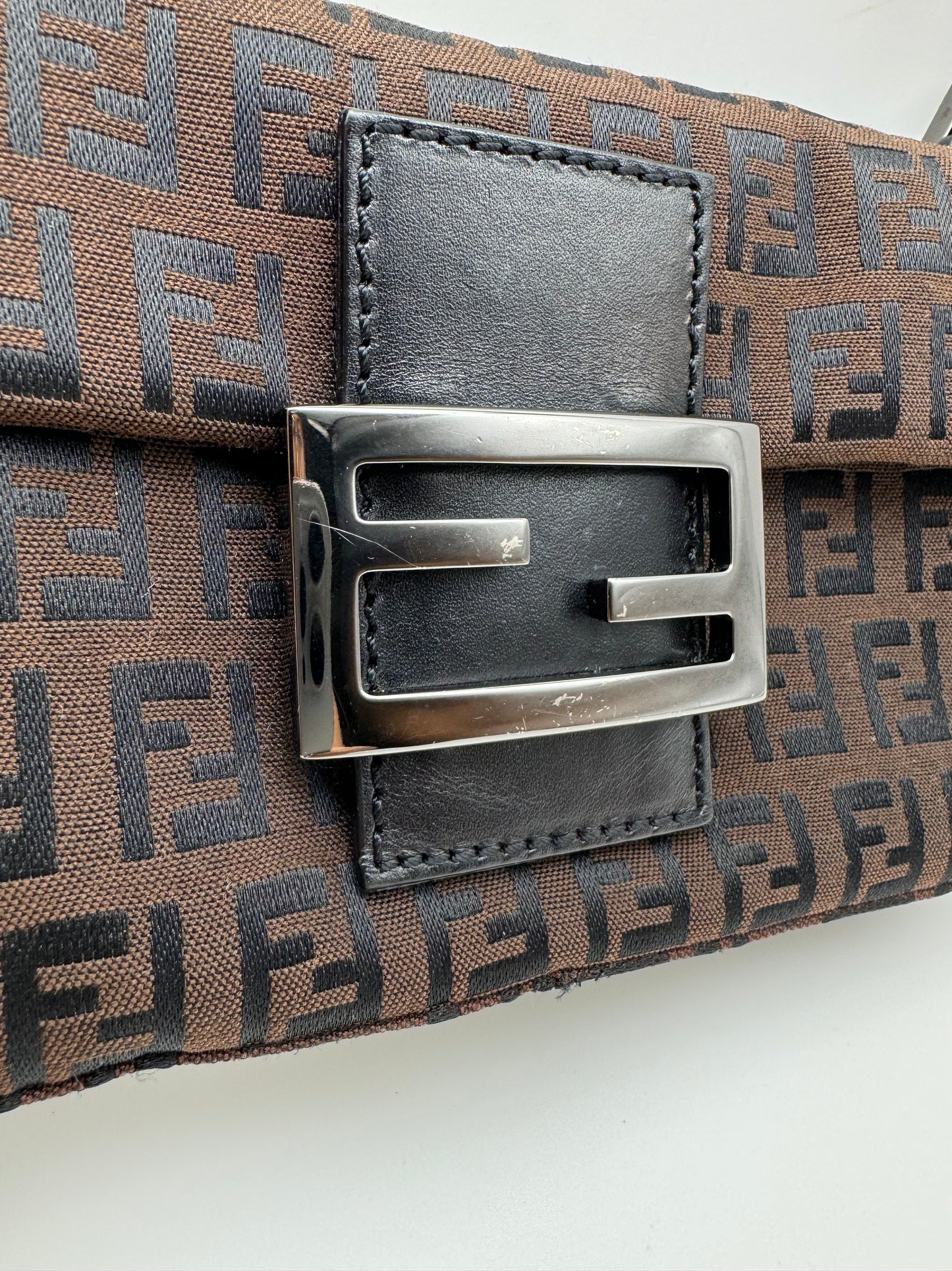 Authentic FENDI Mini Baguette Brown & Black Jacquard Cloth Shoulder Bag