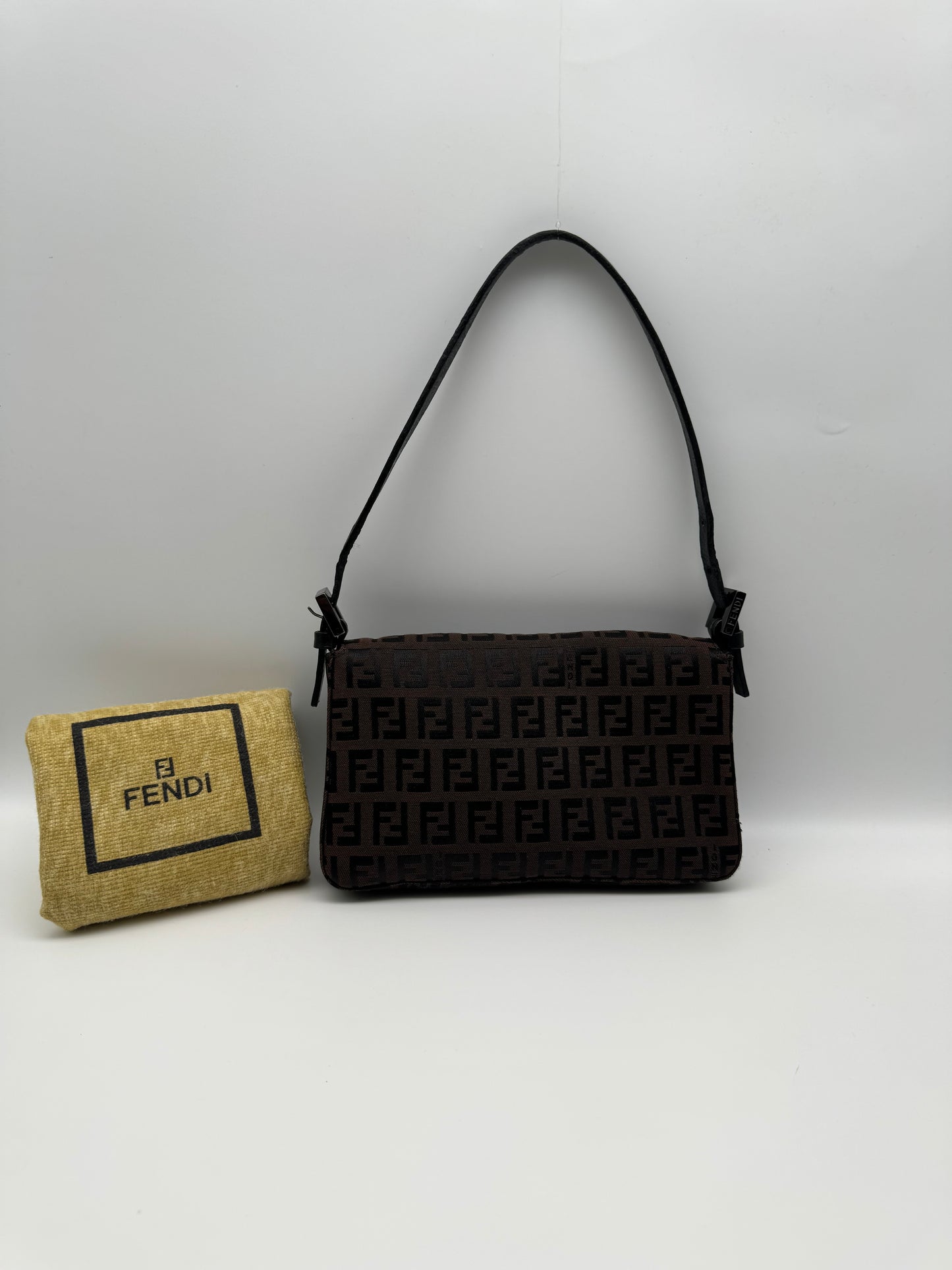 Authentic FENDI Mini Baguette Brown & Black Jacquard Cloth Shoulder Bag