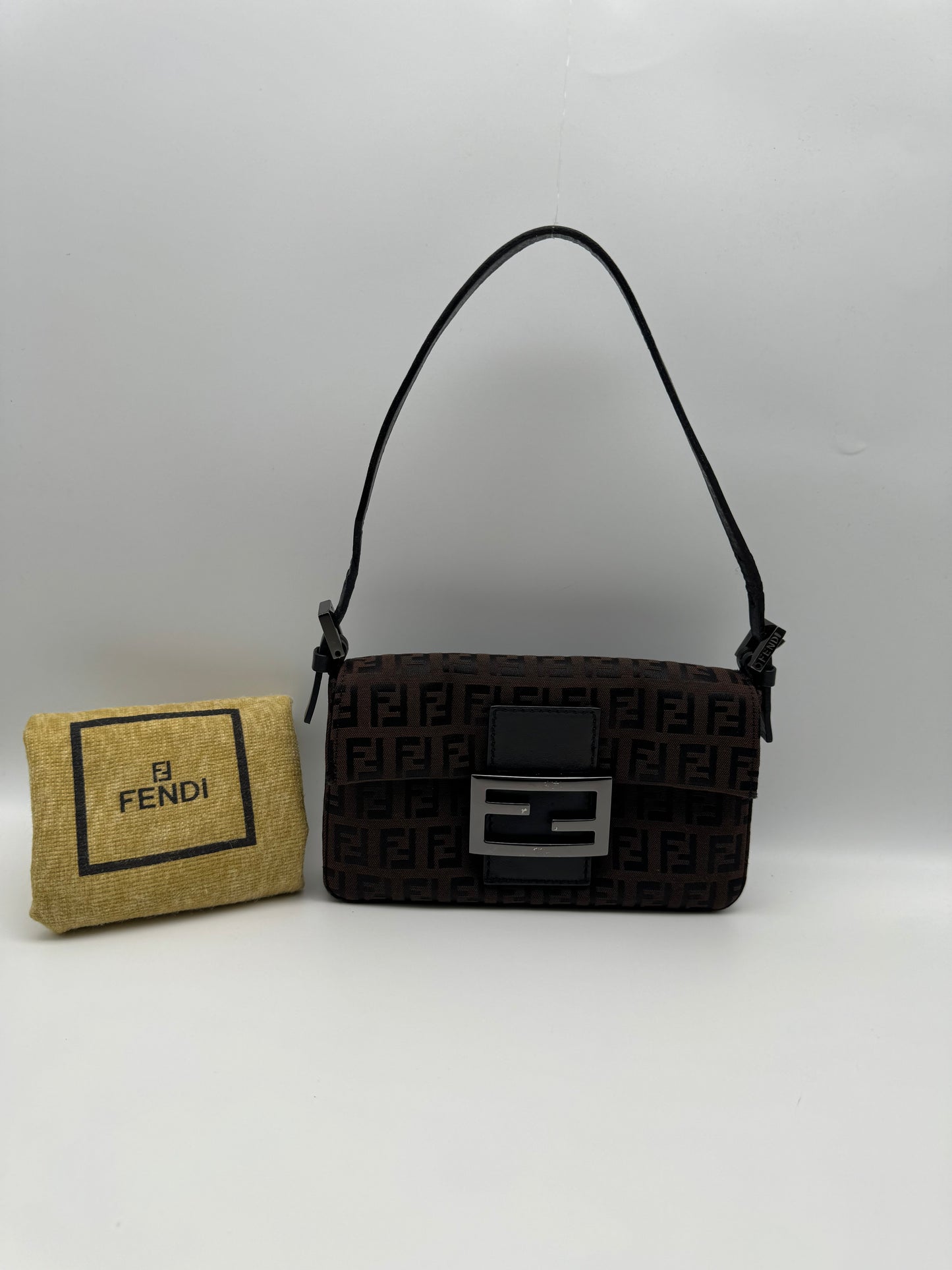 Authentic FENDI Mini Baguette Brown & Black Jacquard Cloth Shoulder Bag