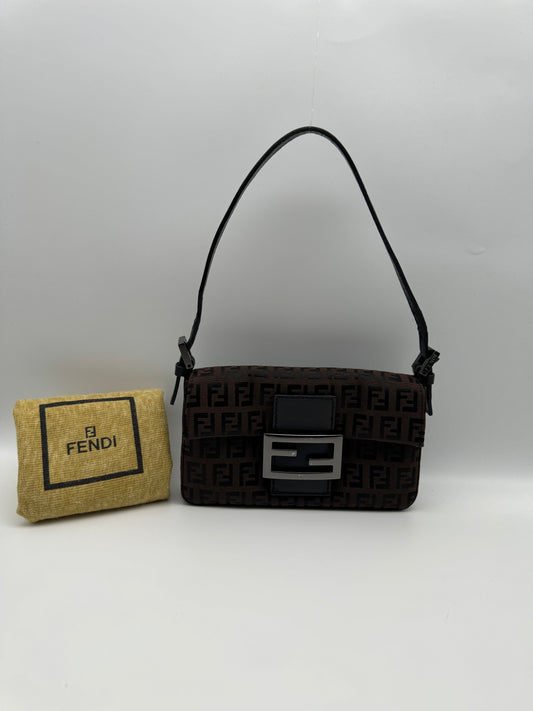 Authentic FENDI Mini Baguette Brown & Black Jacquard Cloth Shoulder Bag