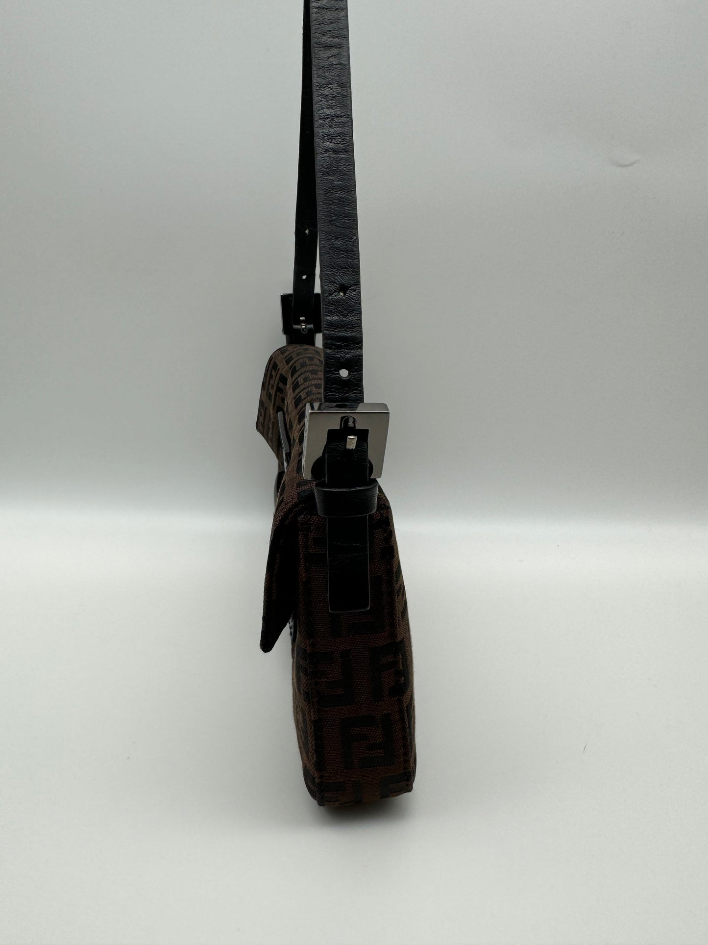 Authentic FENDI Mini Baguette Brown & Black Jacquard Cloth Shoulder Bag