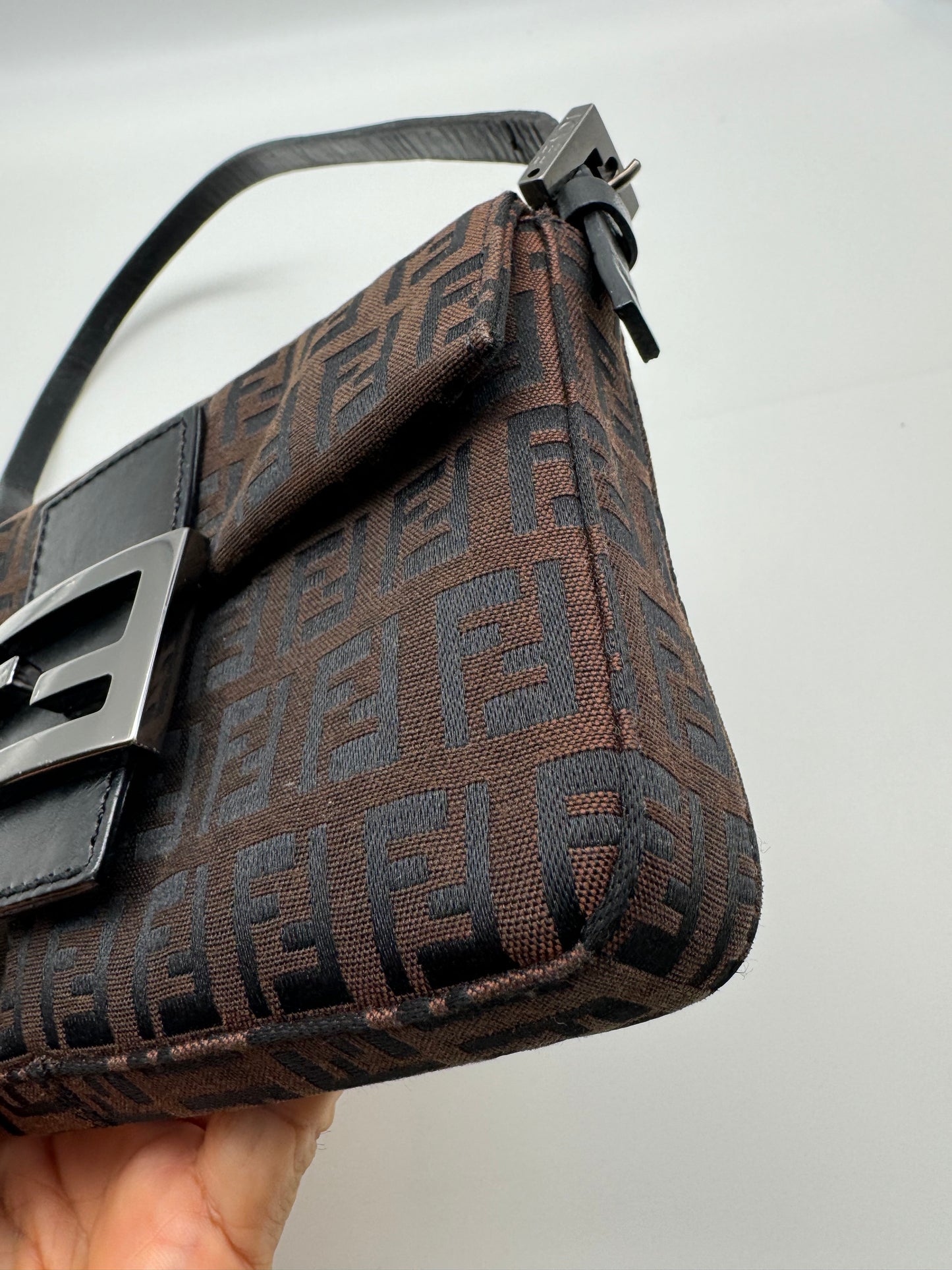 Authentic FENDI Mini Baguette Brown & Black Jacquard Cloth Shoulder Bag