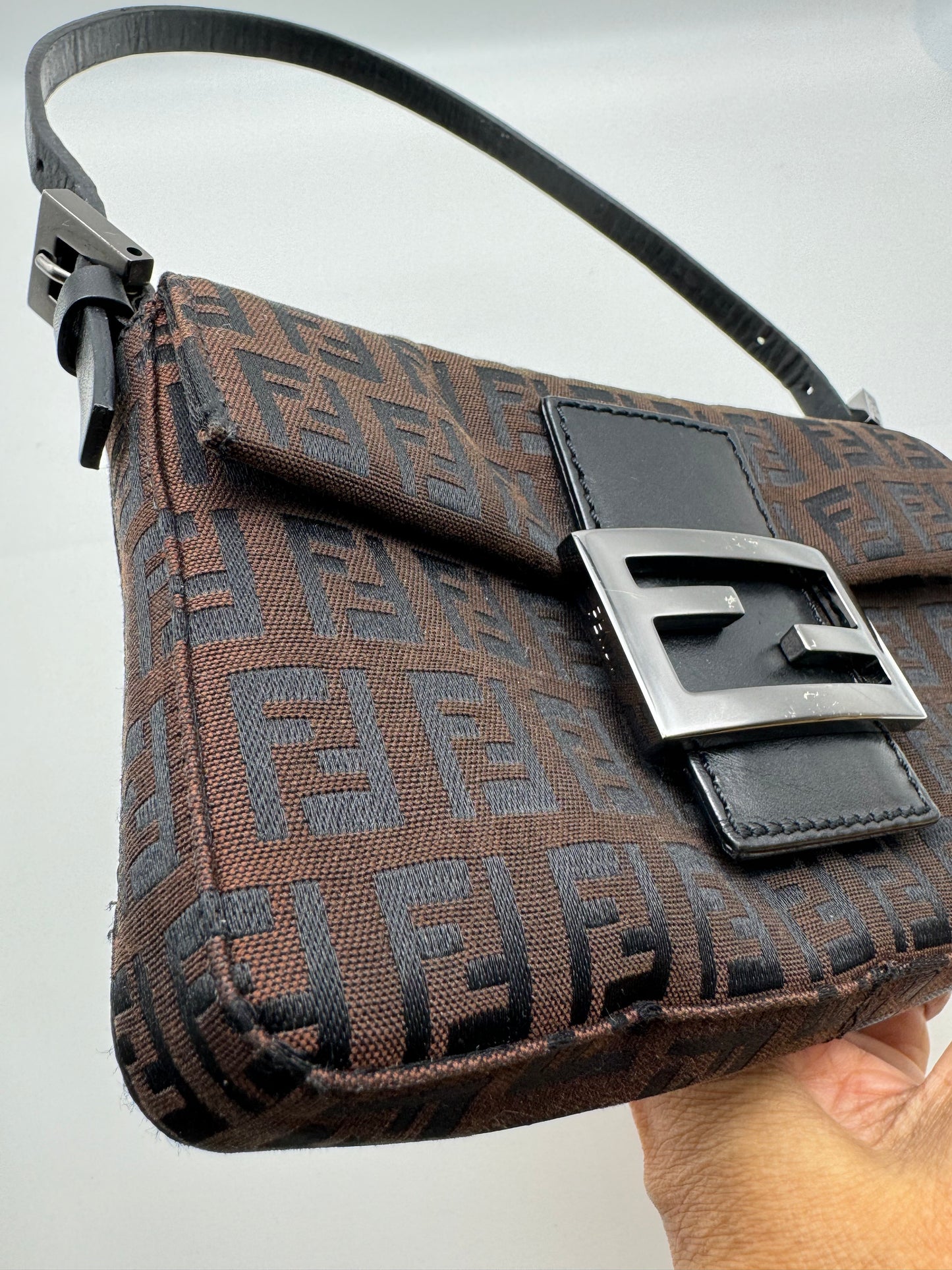 Authentic FENDI Mini Baguette Brown & Black Jacquard Cloth Shoulder Bag