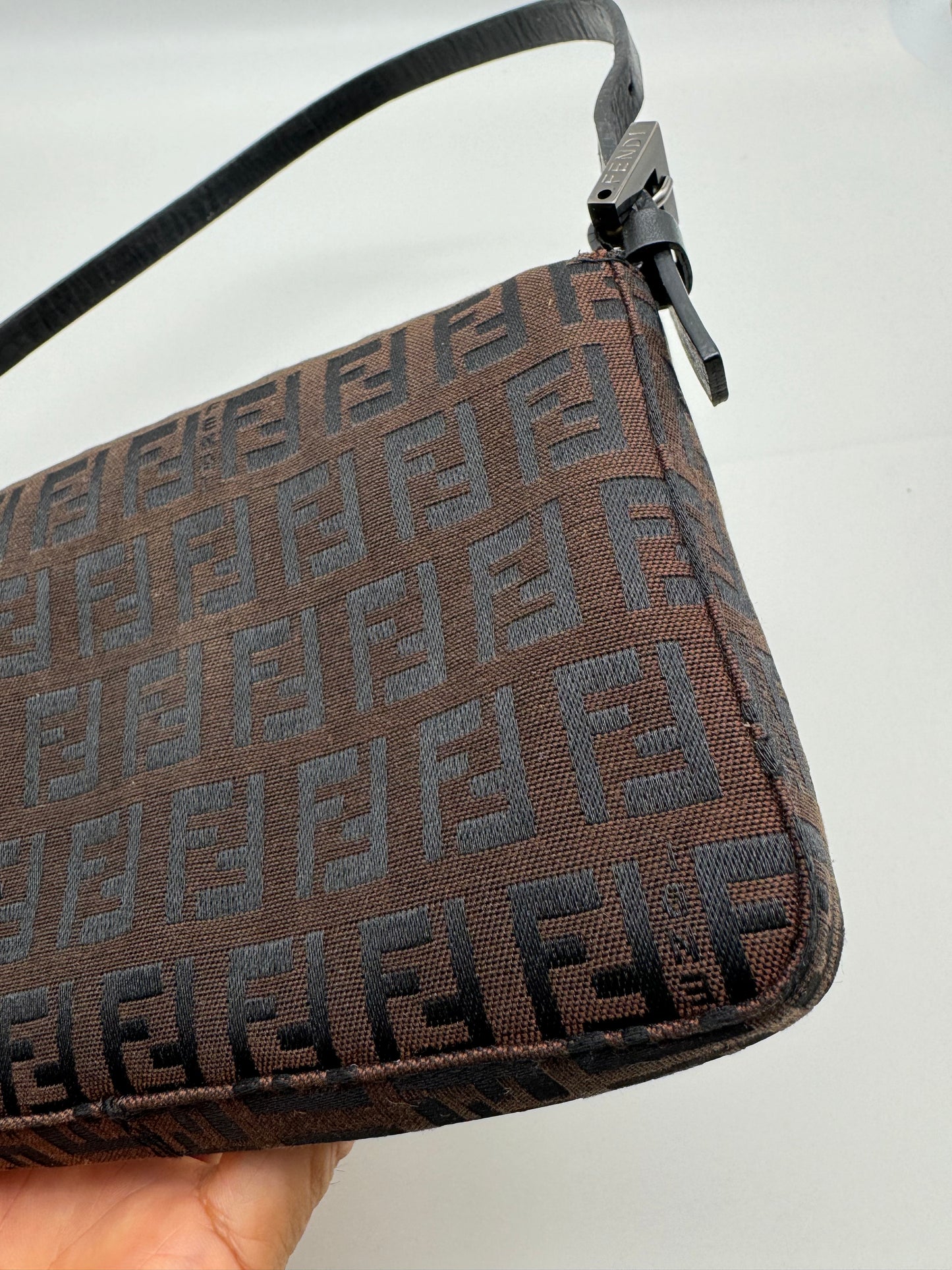 Authentic FENDI Mini Baguette Brown & Black Jacquard Cloth Shoulder Bag