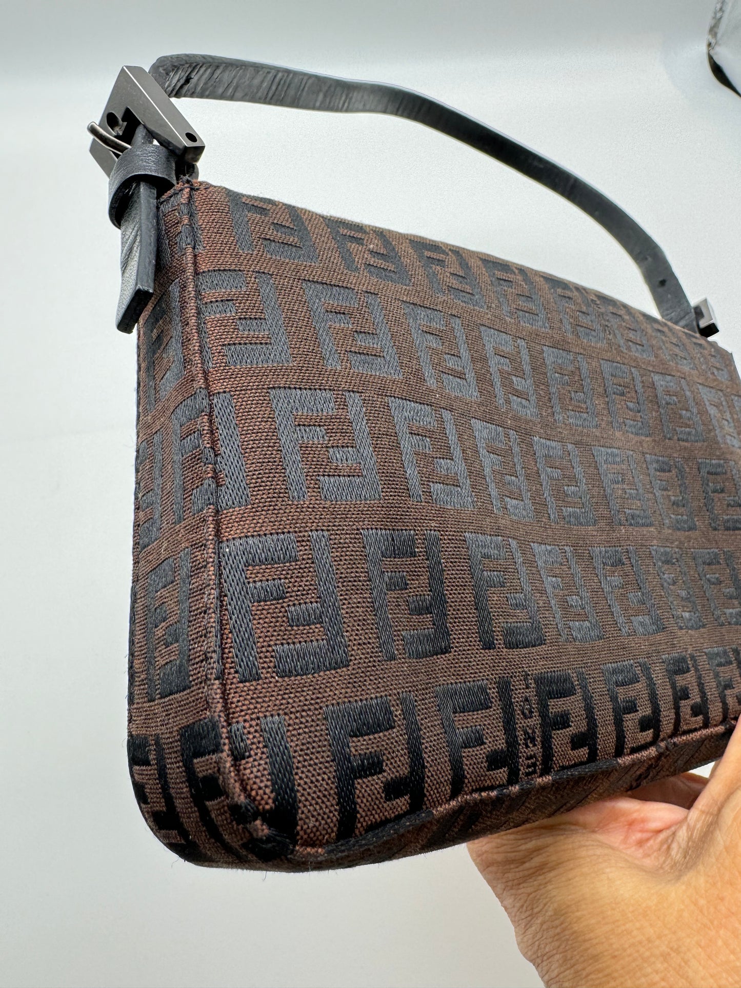 Authentic FENDI Mini Baguette Brown & Black Jacquard Cloth Shoulder Bag