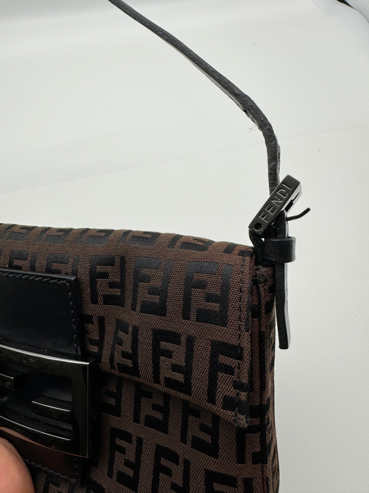 Authentic FENDI Mini Baguette Brown & Black Jacquard Cloth Shoulder Bag