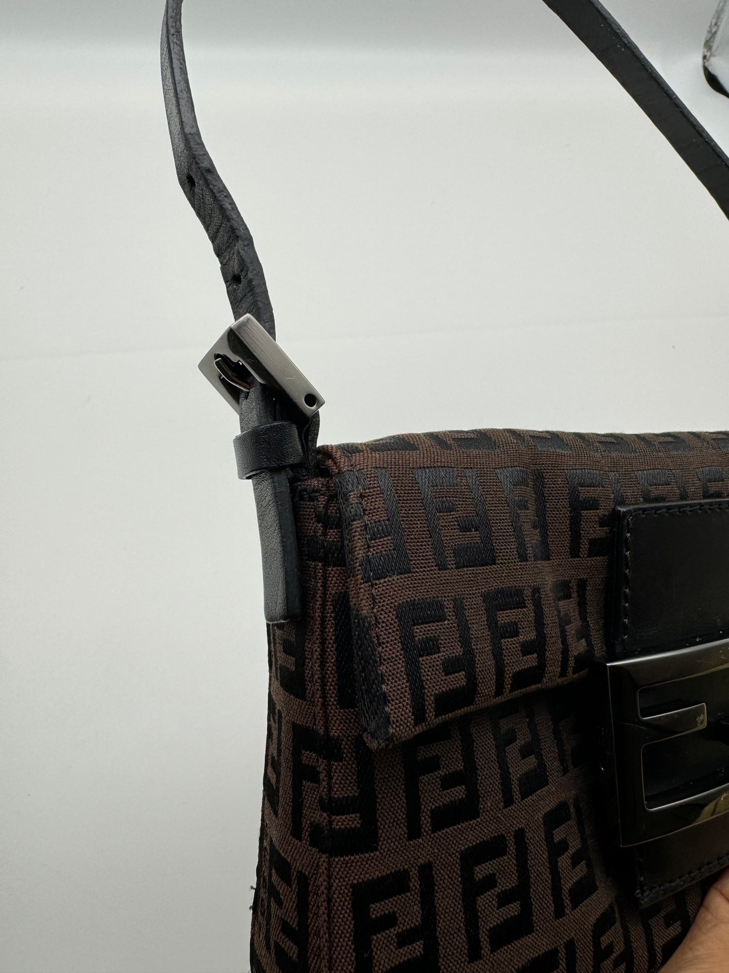 Authentic FENDI Mini Baguette Brown & Black Jacquard Cloth Shoulder Bag