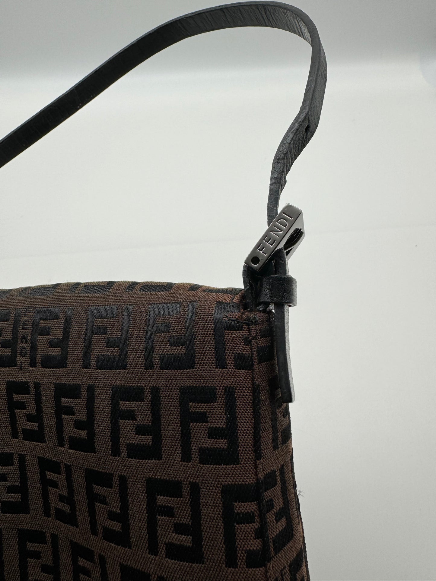 Authentic FENDI Mini Baguette Brown & Black Jacquard Cloth Shoulder Bag