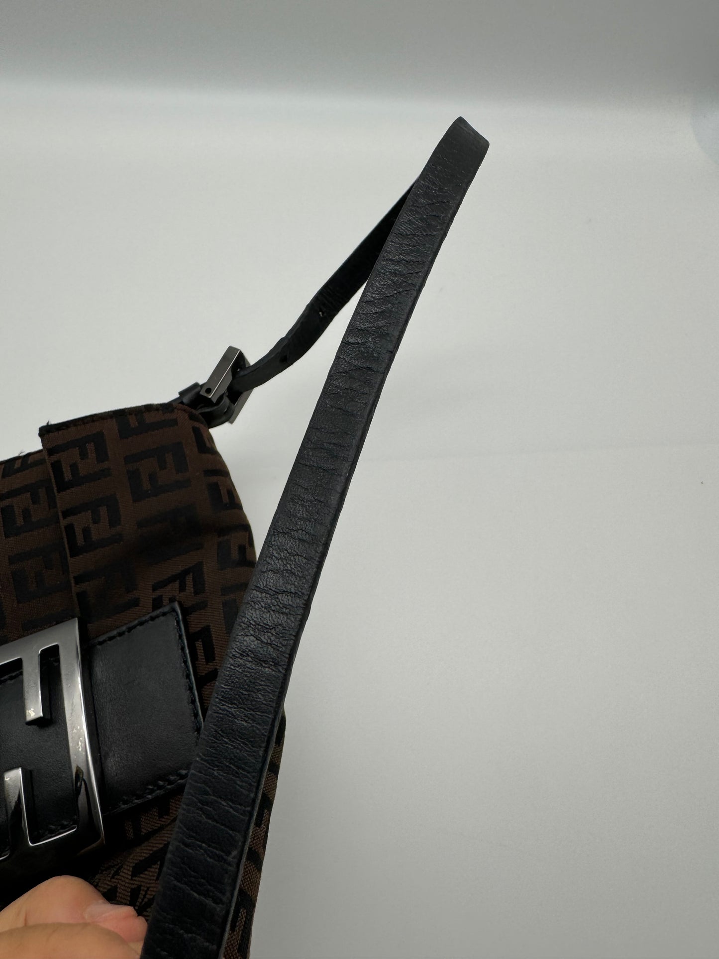 Authentic FENDI Mini Baguette Brown & Black Jacquard Cloth Shoulder Bag
