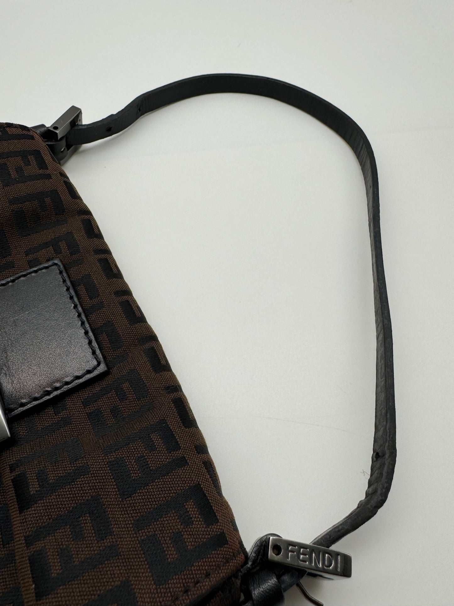 Authentic FENDI Mini Baguette Brown & Black Jacquard Cloth Shoulder Bag