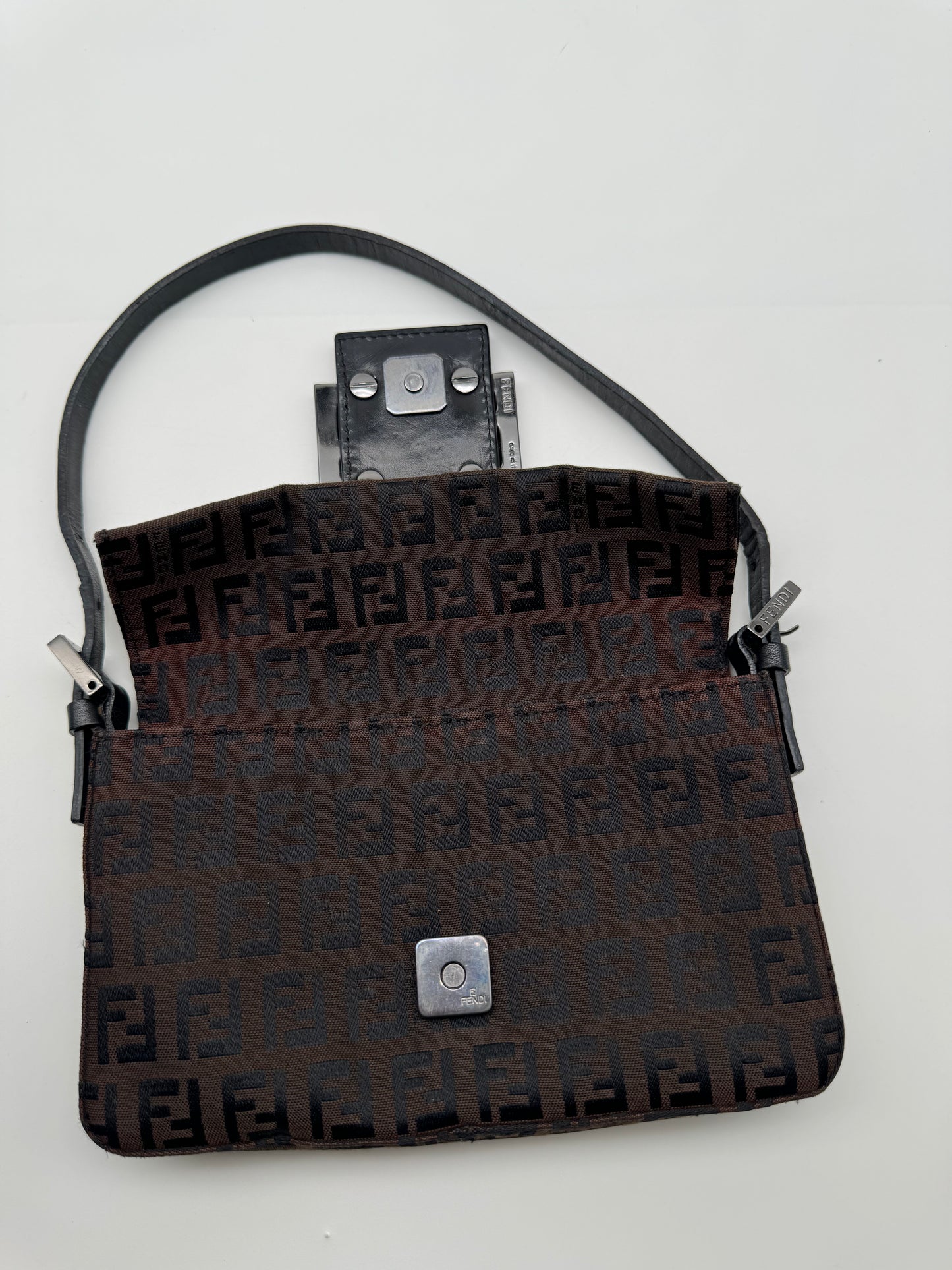 Authentic FENDI Mini Baguette Brown & Black Jacquard Cloth Shoulder Bag