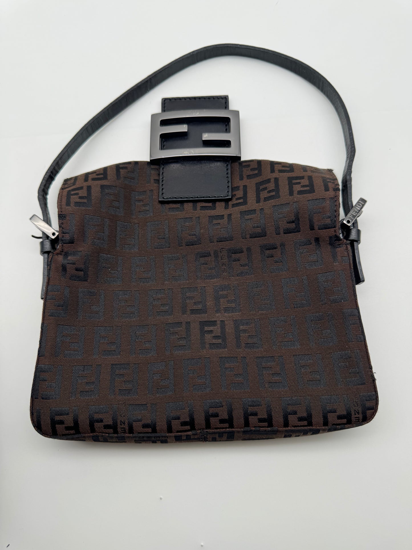 Authentic FENDI Mini Baguette Brown & Black Jacquard Cloth Shoulder Bag