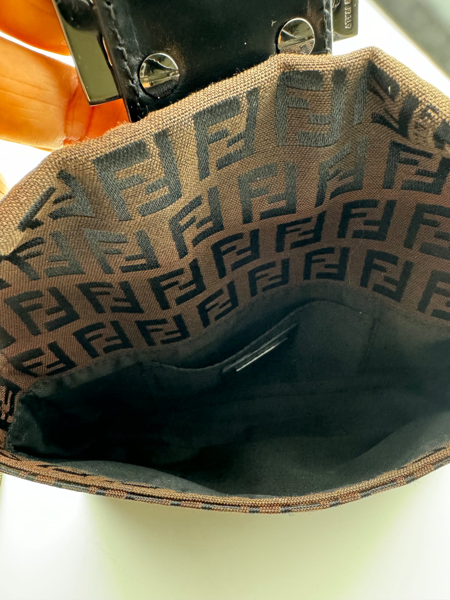Authentic FENDI Mini Baguette Brown & Black Jacquard Cloth Shoulder Bag
