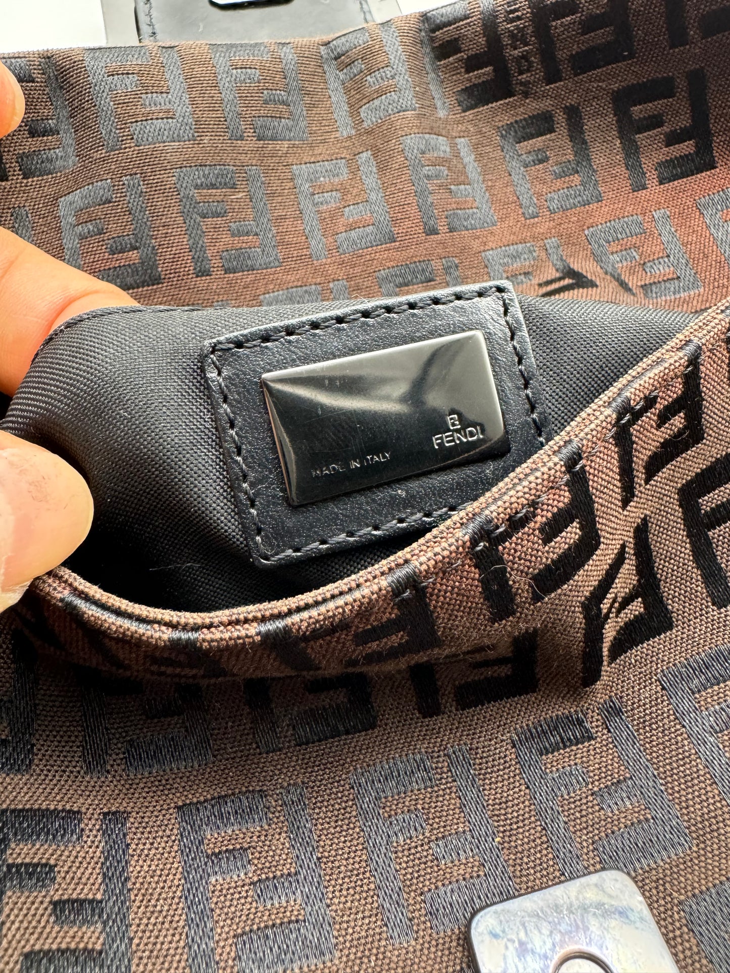 Authentic FENDI Mini Baguette Brown & Black Jacquard Cloth Shoulder Bag