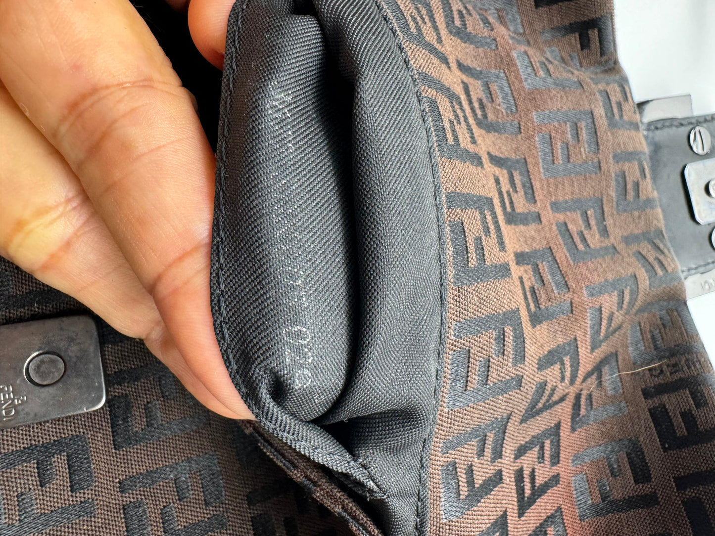 Authentic FENDI Mini Baguette Brown & Black Jacquard Cloth Shoulder Bag
