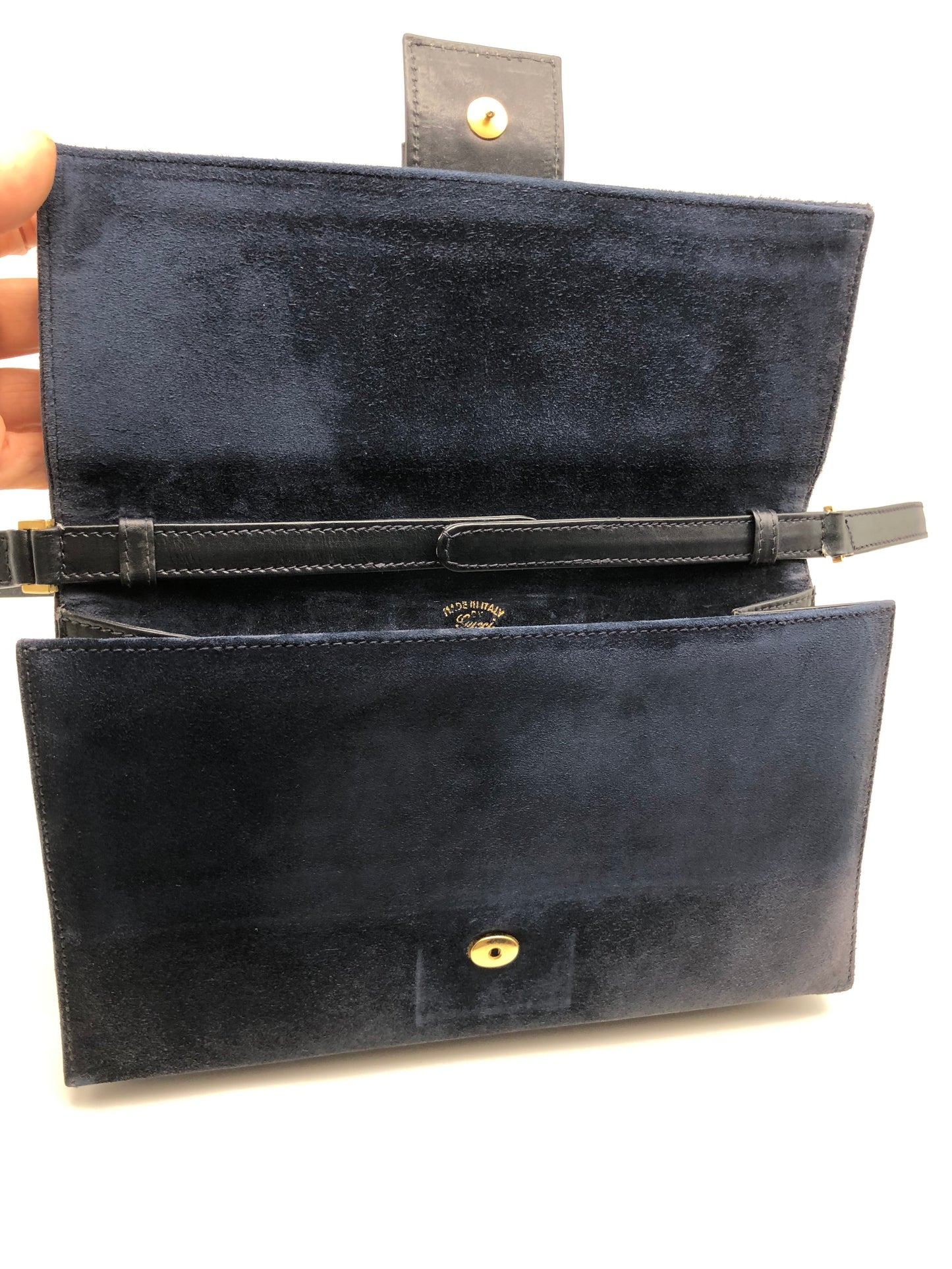 Authentic Gucci Vintage 1970s Navy Blue Suede Clutch Shoulder Bag