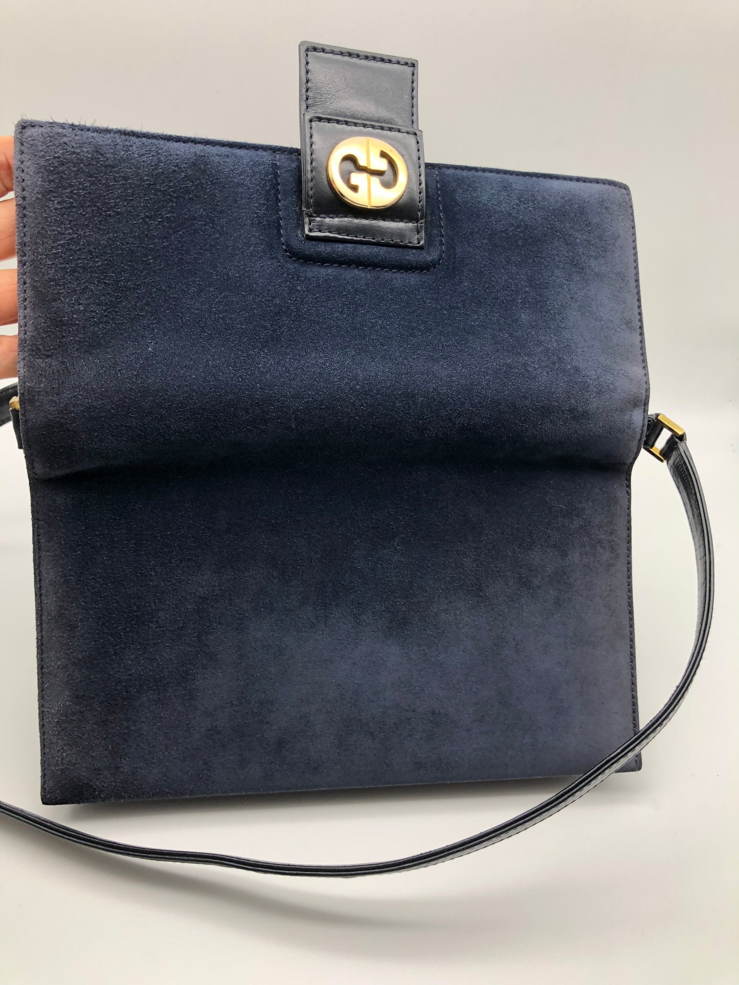 Authentic Gucci Vintage 1970s Navy Blue Suede Clutch Shoulder Bag