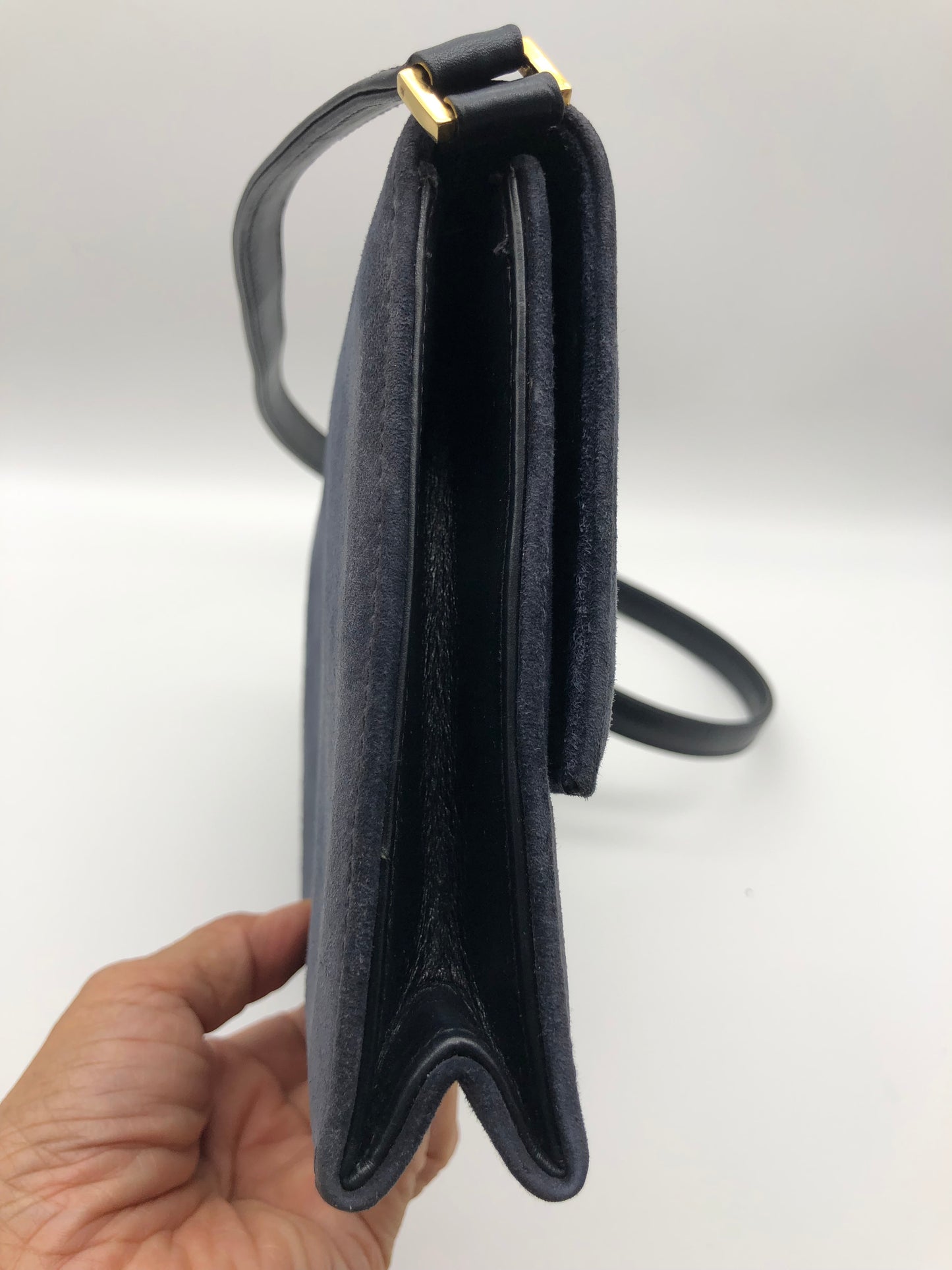 Authentic Gucci Vintage 1970s Navy Blue Suede Clutch Shoulder Bag