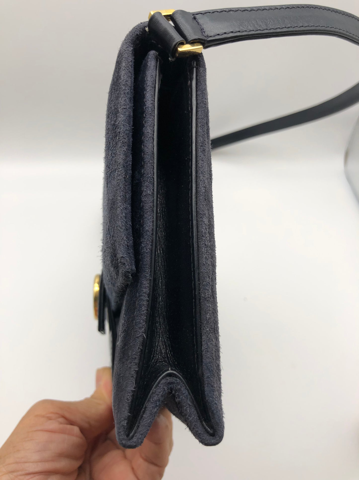 Authentic Gucci Vintage 1970s Navy Blue Suede Clutch Shoulder Bag