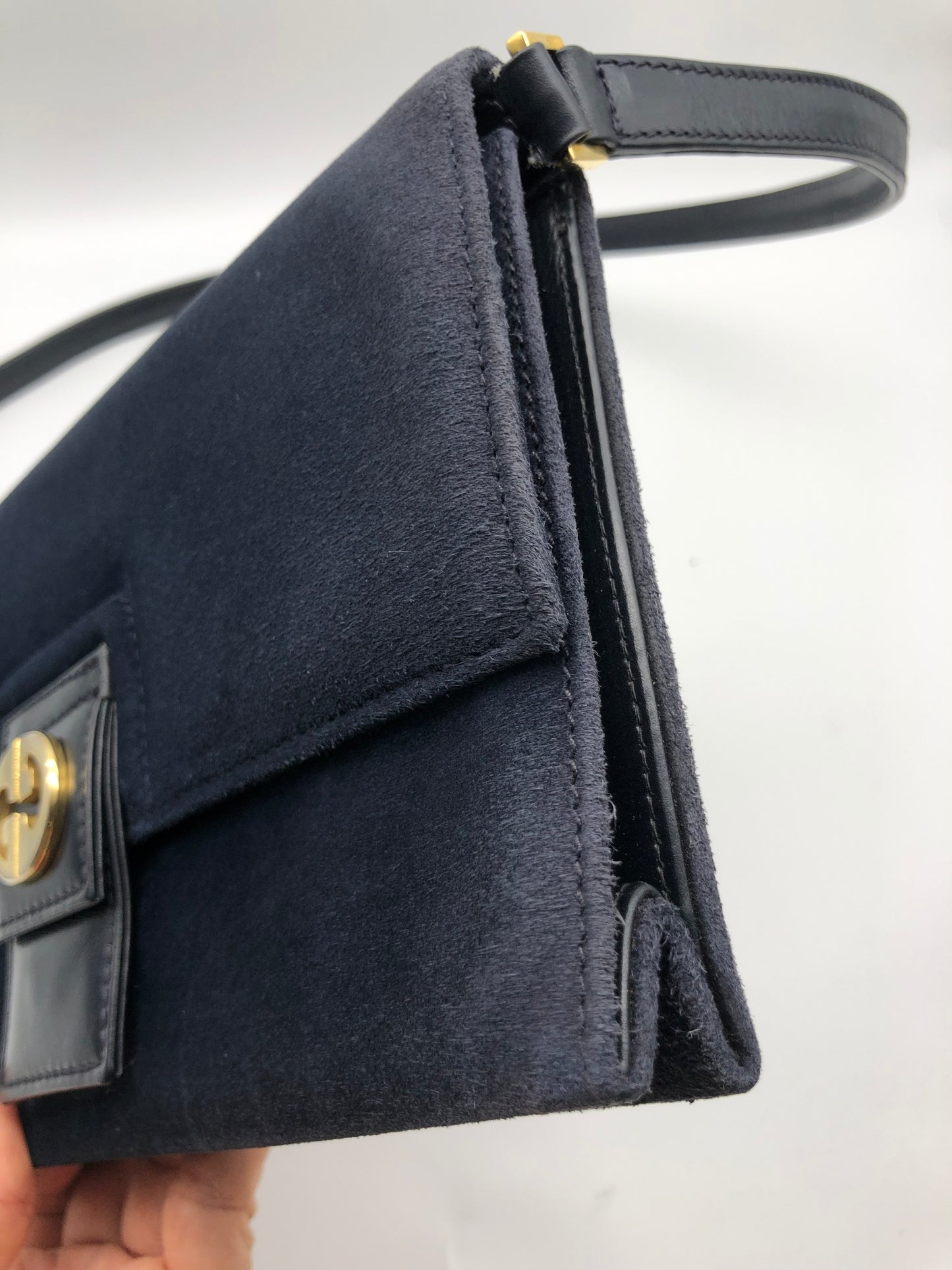 Authentic Gucci Vintage 1970s Navy Blue Suede Clutch Shoulder Bag