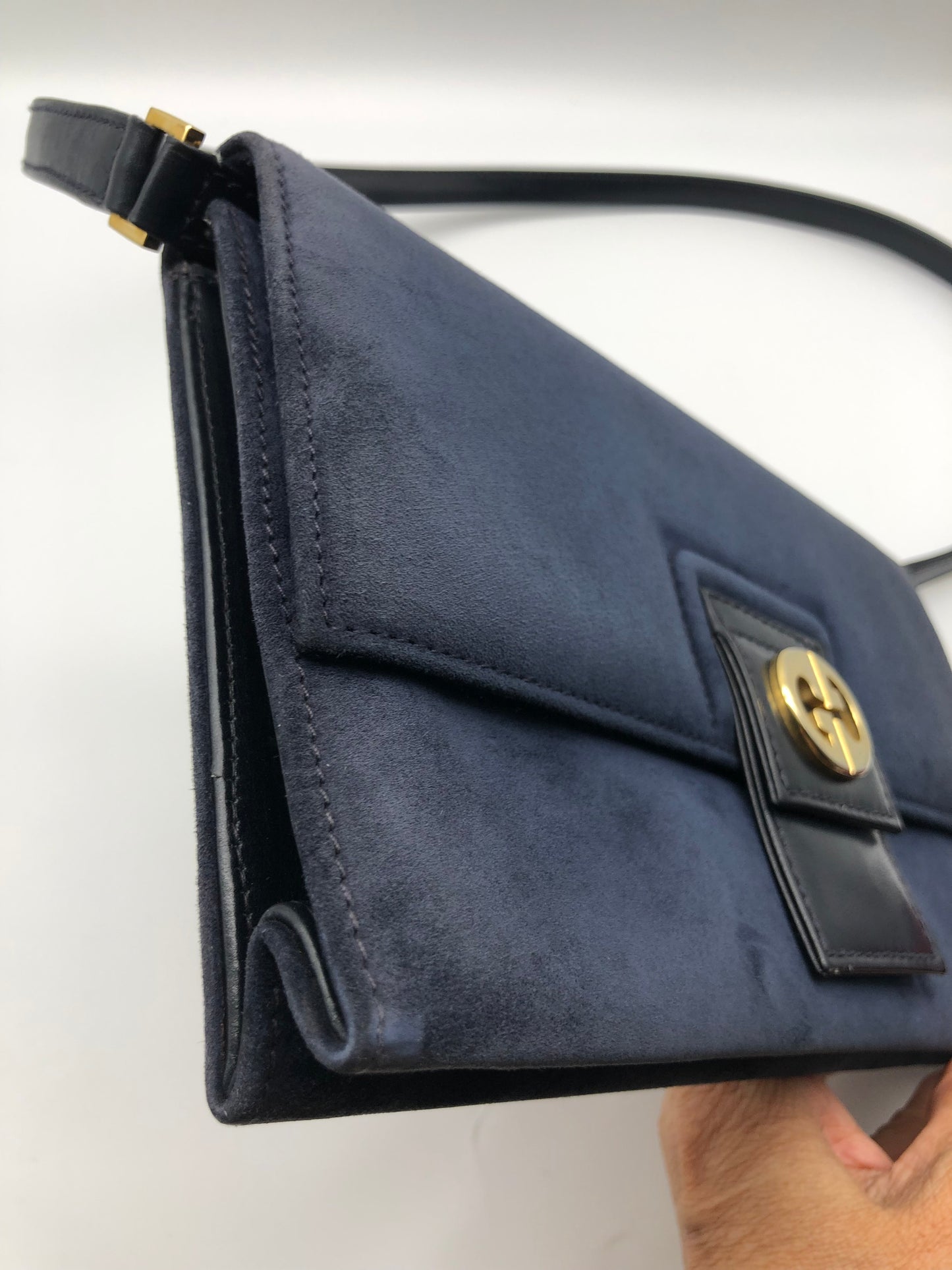Authentic Gucci Vintage 1970s Navy Blue Suede Clutch Shoulder Bag